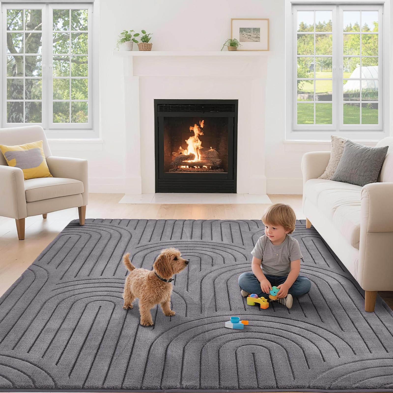 Puremy Wohnzimmerteppich, Kurzflor Teppich Wohnzimmer Schlafzimmer Kinderzimmer mit Hoch-Tief-Effekt, 3D Effekt, hohe Flordichte und angenehm weich, Moderner Bogenförmiges Design, 80x150cm, Beige