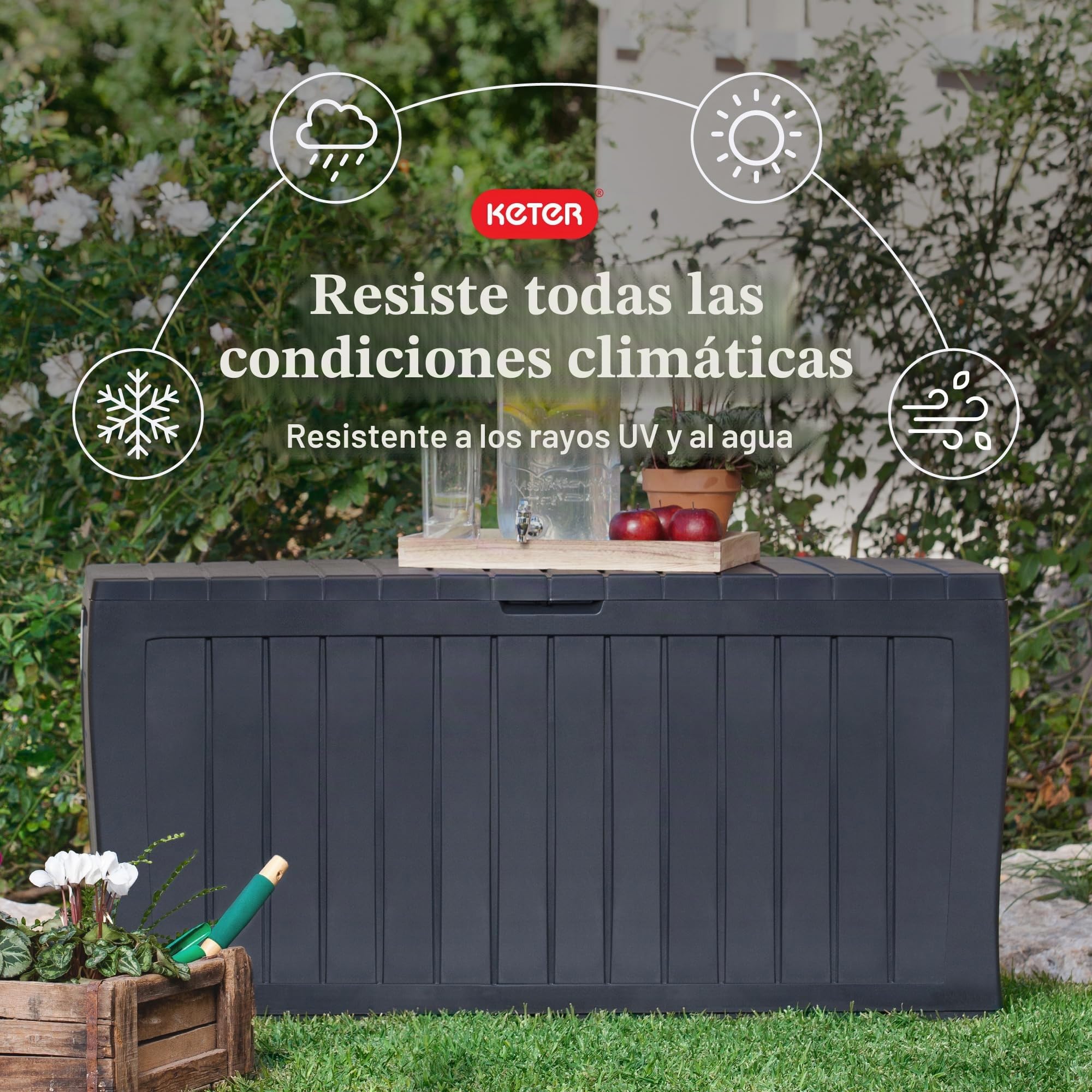 Keter Marvel Plus Arcón de resina de 3785 l para organización y almacenamiento de muebles de patio, cojines exteriores, almohadas decorativas, herramientas de jardín y juguetes de piscina, gris oscuro