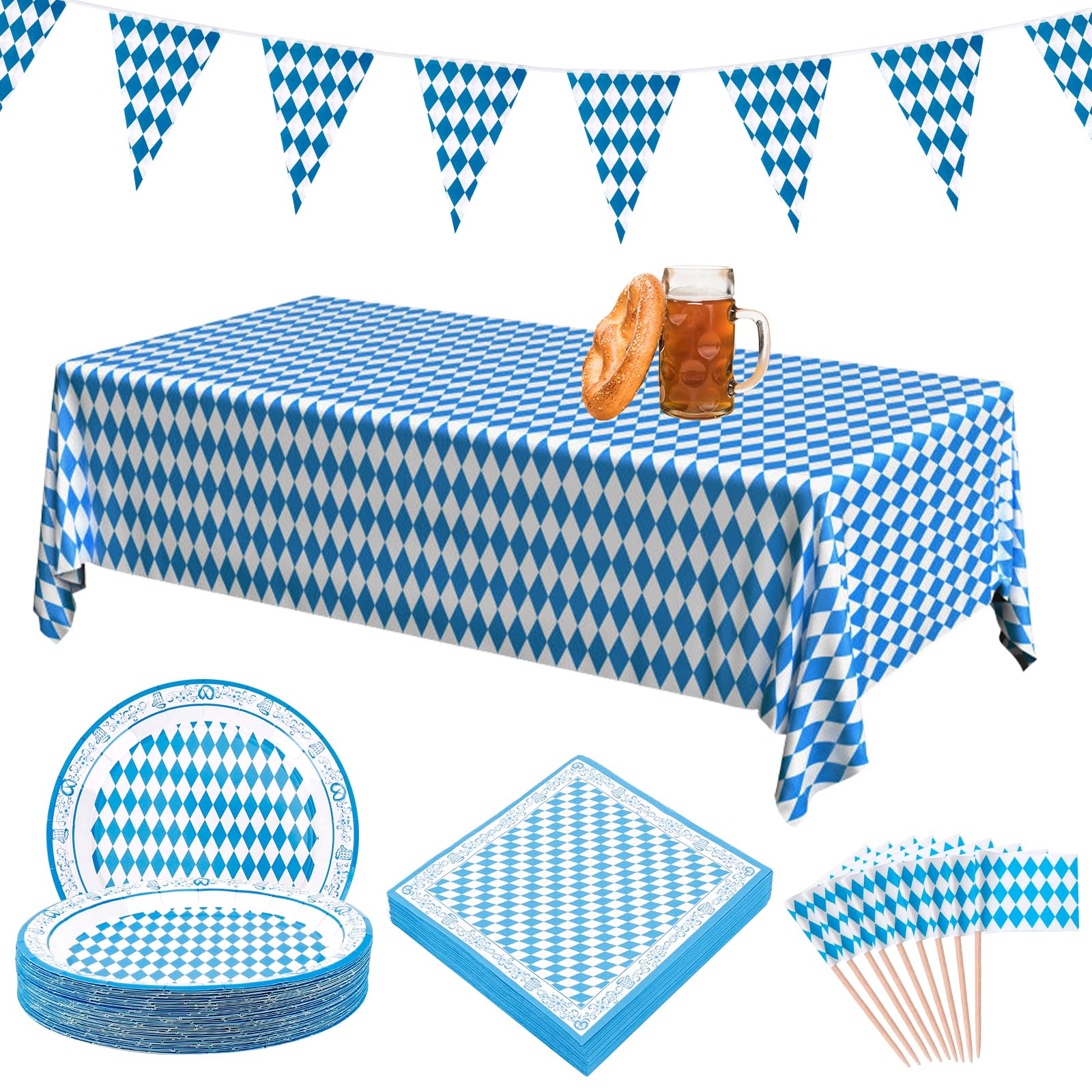 NZZVNZ 83-Piece Oktoberfest Decoration Set, 40 Bavarian Diamond Plates with 40 Bavarian Napkins, Bavarian Bunting, Table Runner and Oktoberfest Toothpick Flags Oktoberfest Decoration for Beer Festival