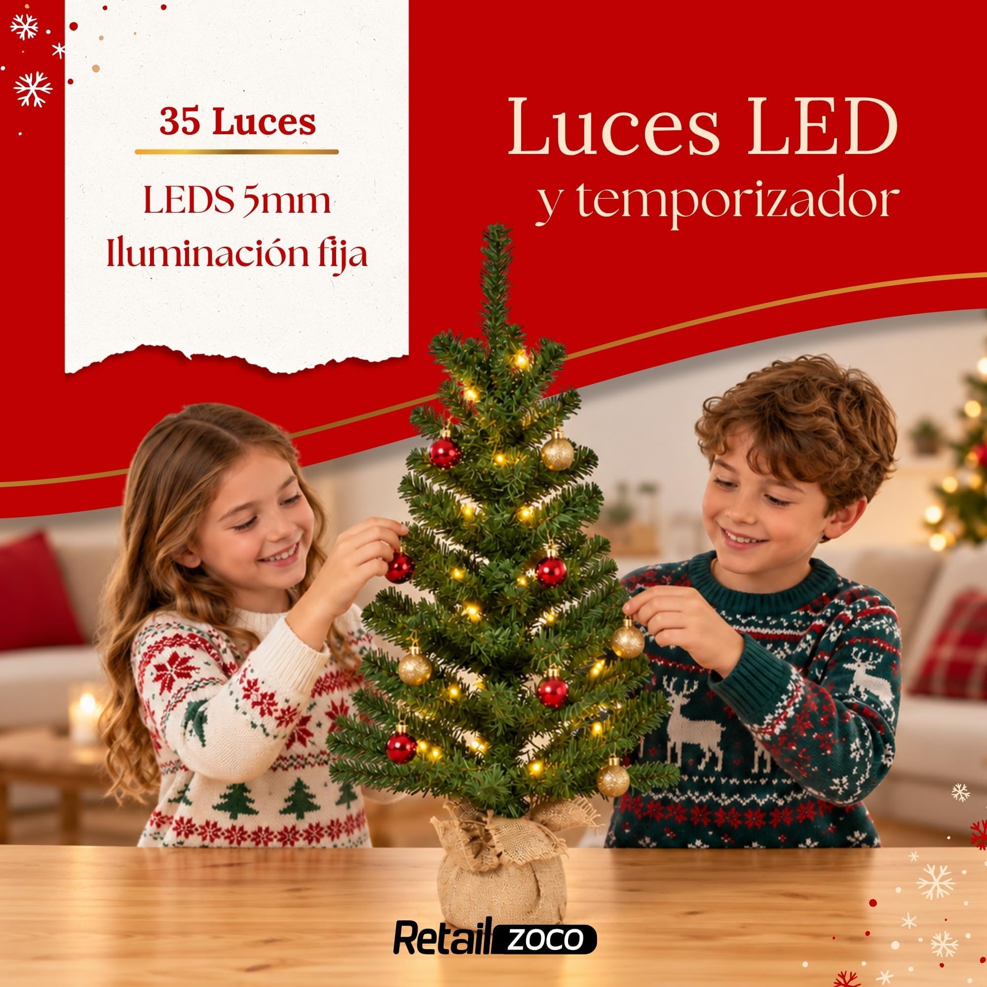 Mini Árbol de Navidad Iluminado 75 cm, 35 LED Cálidos y Base de Yute - imagen 3