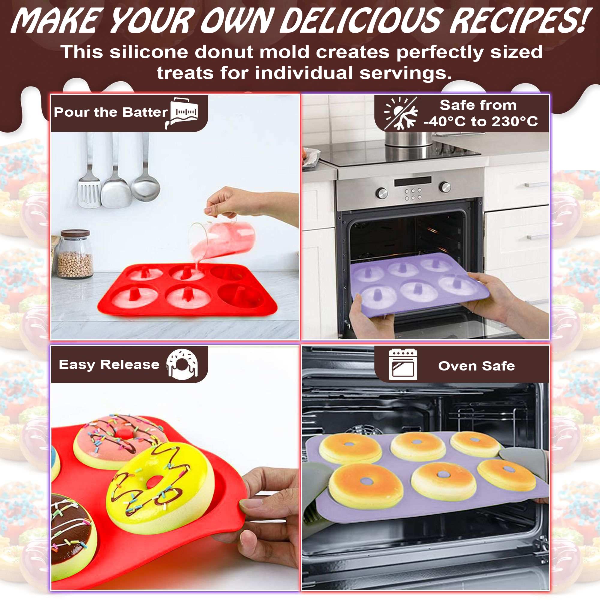Moule à Donuts Silicone 2 Pièces 15 Poches à Douille – Compatible Cake Factory – Antiadhésif, Résiste -40°C à 230°C Guy Demarle