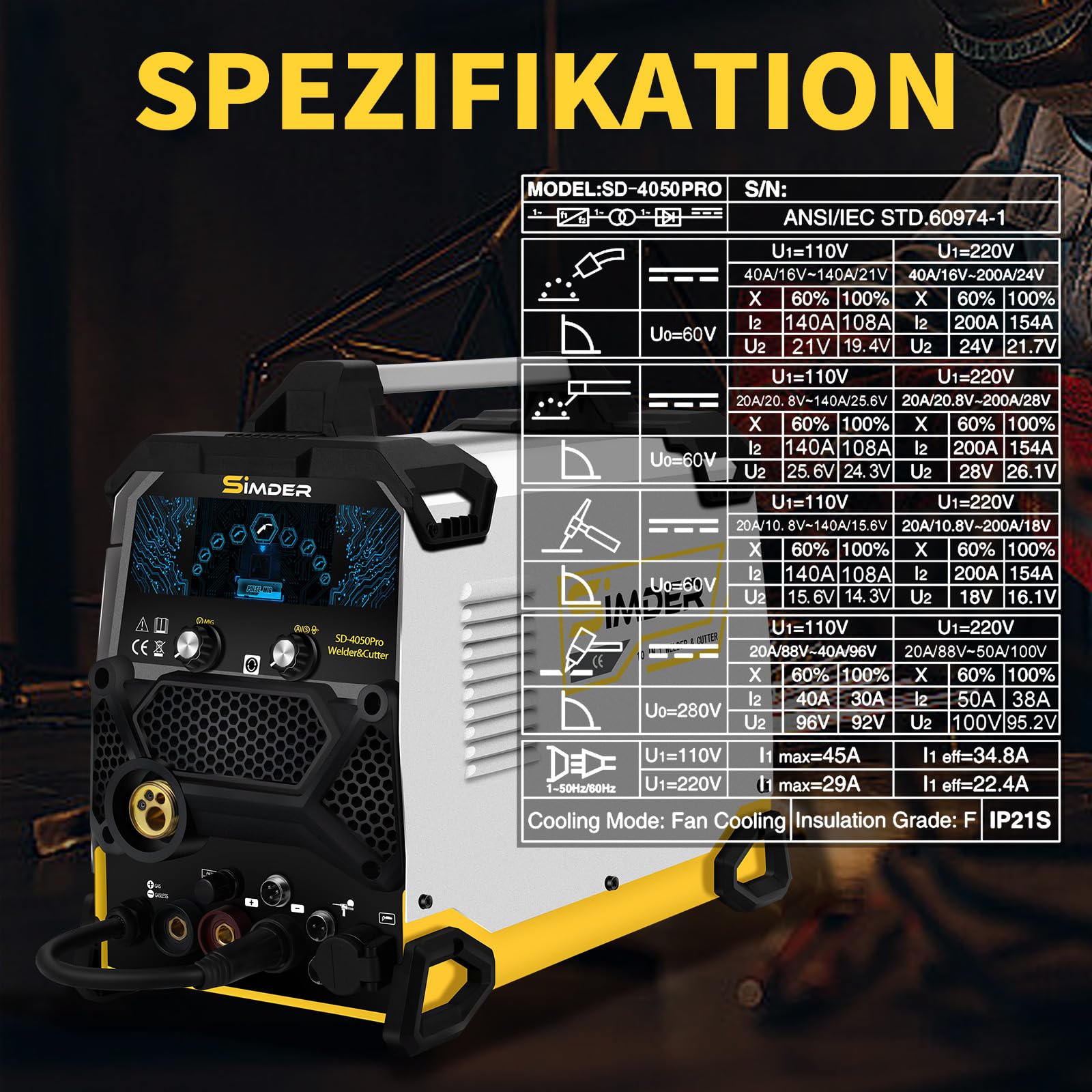 MAG Aluminium Schweißgerät 10 in 1 200A Impuls MIG//MAG/HF WIG/MMA/Spool Gun/Pilot ARC Plasmaschneider SSIMDER MAG Schweißgerät SD4050Pro Elektroden Schweißgerät für Farm Repair Home DIY Autoreparatur