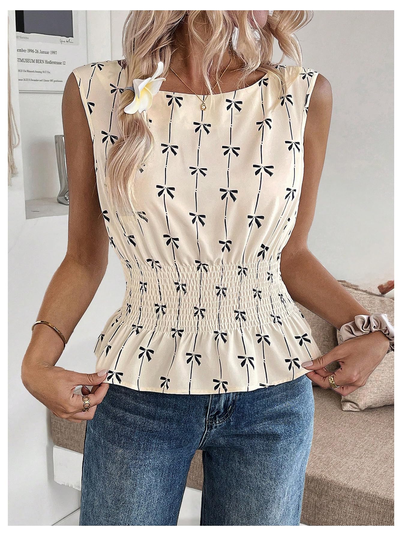 MakeMeChic Women's Bow Print Knot Blouse Ruffle Hem Sleeveless Shirred Top