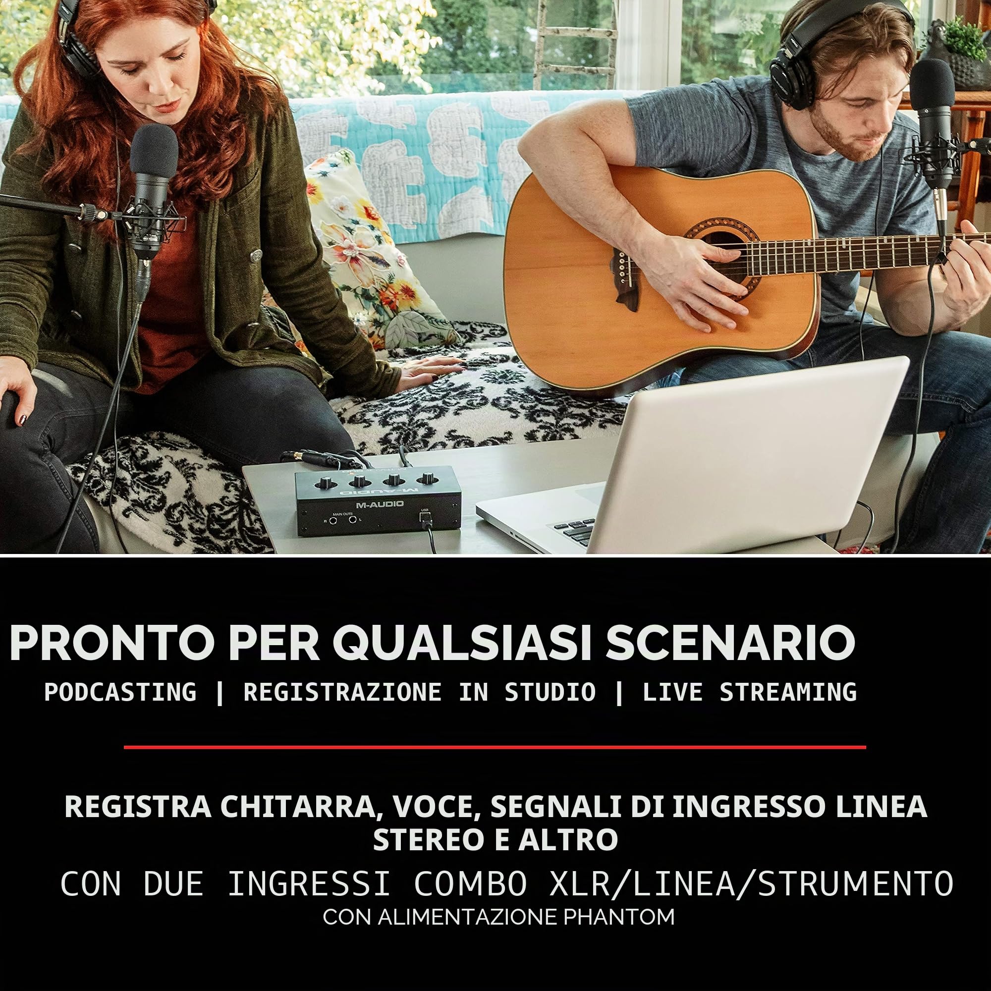 M-Audio M-Track Duo — Interfaccia audio Scheda audio Esterna USB per registrazione, streaming, podcasting con ingressi XLR, Line e DI e software & AKG K52 Closed Back Cuffie, Nero