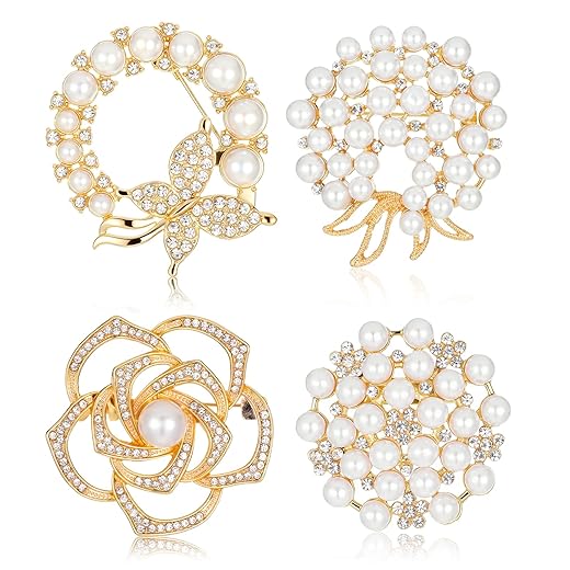 4 PCS Brooches and Pins for Women, Crystal Flower Pearl Brooch Fashion, Elegant Flower Broach for Wedding Clothing Accessory Christmas Gift