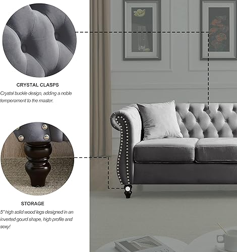 Miniatura 4 de Chesterfield - Juego de sofá combinado de terciopelo de 2 piezas para sala de estar, sofá de 3 plazas y sofá biplaza con 4 almohadas, brazos