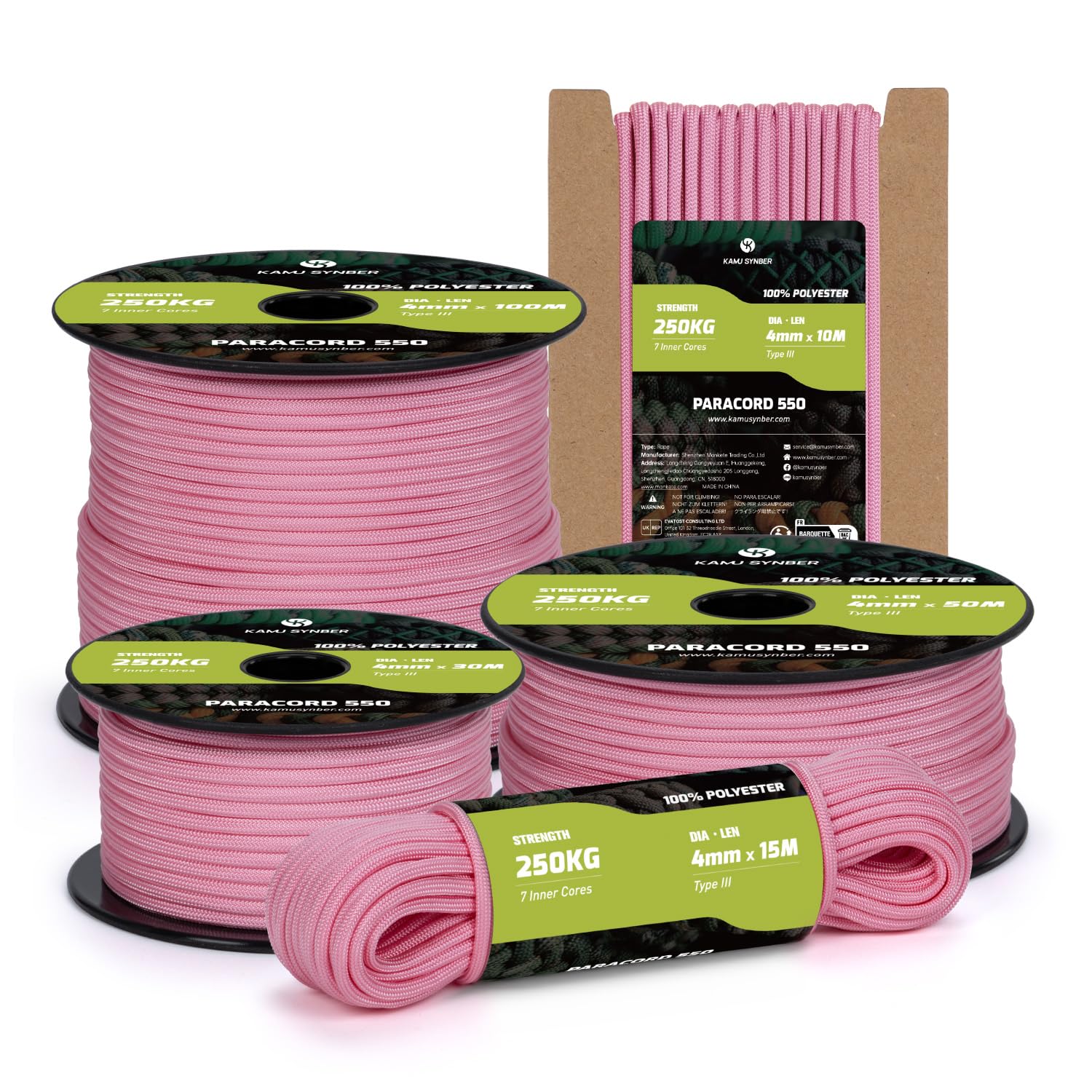 Kamu Synber Paracord 550 Type III 4mm 10m 7 Strands 100% Polyester Rope Parachute Cord Ideal for Crafting, Outdoor, Survival | Support 250kg | Neon Pink