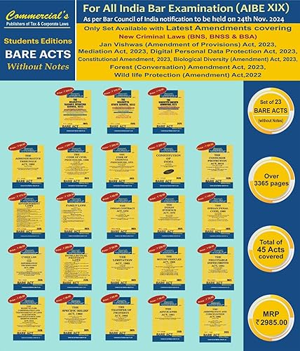 Commercial's ALL INDIA BAR EXAMINATION SET OF 23 BARE ACTS INCLUDING NEW CRIMINAL LAWS ((BNS, BNSS, BSA) AS PER NEW SYLLABUS