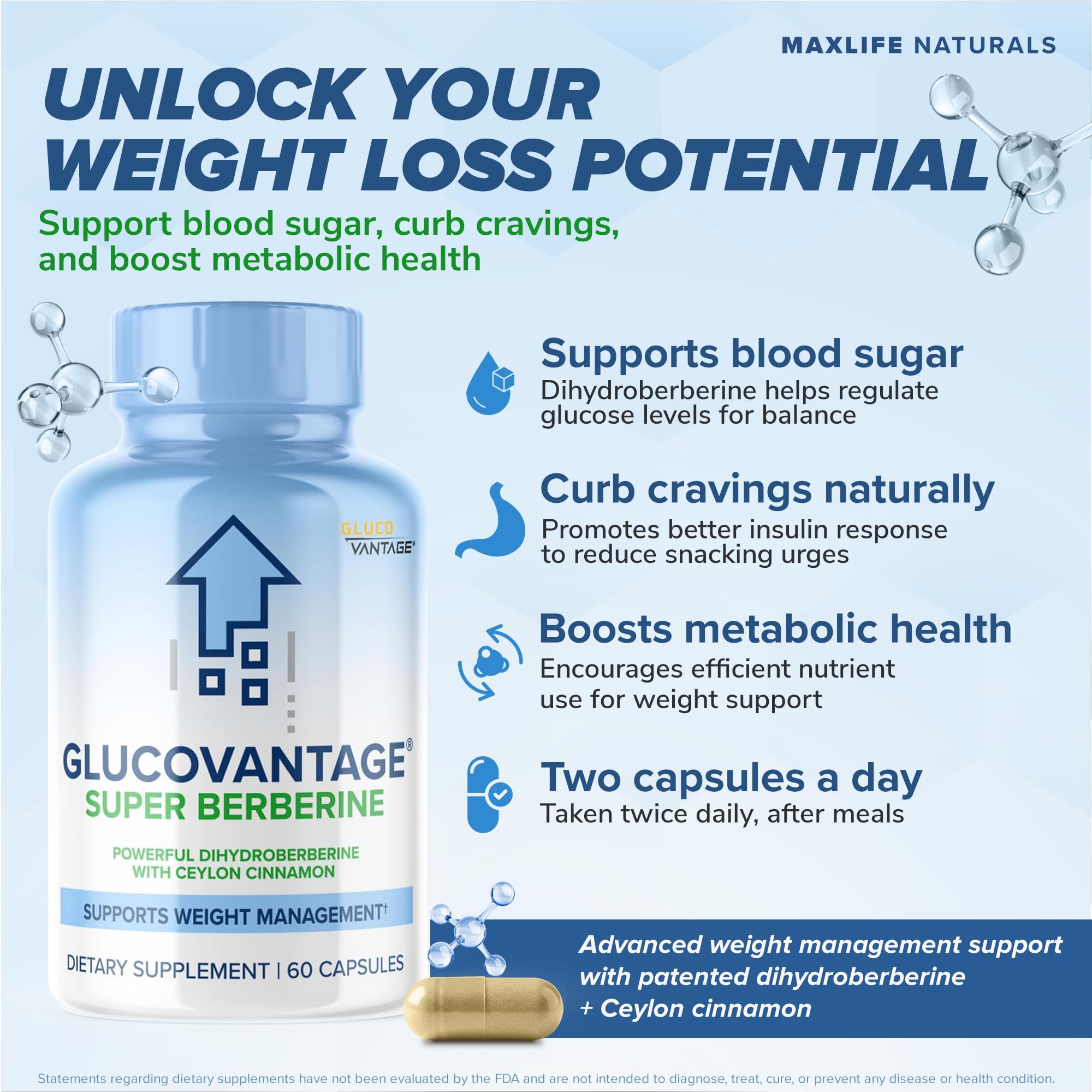 Amazon.com: MAXLIFE NATURALS Dihydroberberine Glucovantage ® Super  Berberine 250mg + Ceylon Cinnamon 200mg 60 Capsules – Cardiovascular &  GLP-1 Health Supplement Patented Gluco Vantage : Health & Household