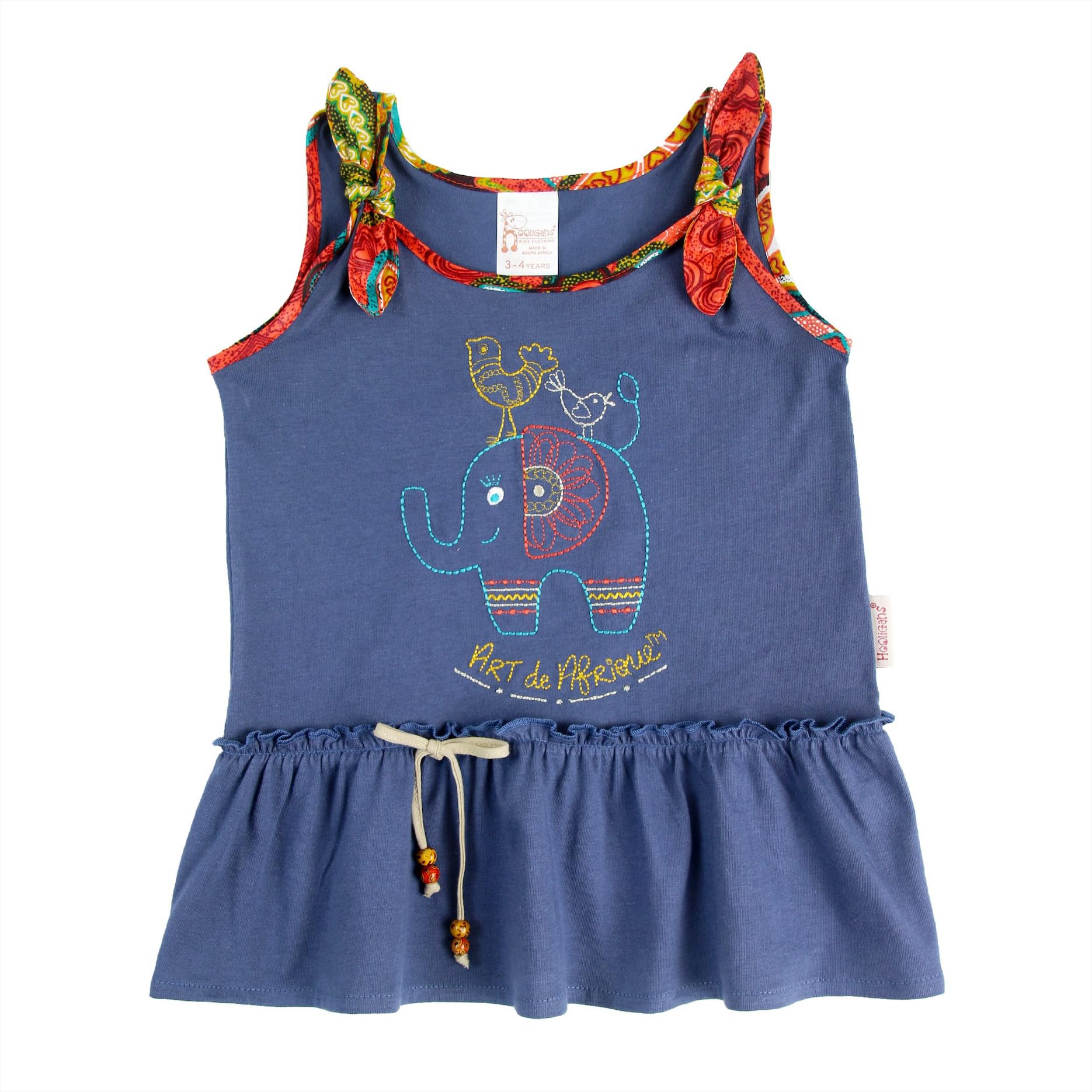 hoolies Dark Blue Tamu Ellie Swing Top- Gorgeous Elephant Print and Beaded Laces - Scarf Bow Tie Up Shoulder - Bird Embroidery Sleeveless Corduroy Skirt for Baby Girl (12 Months)