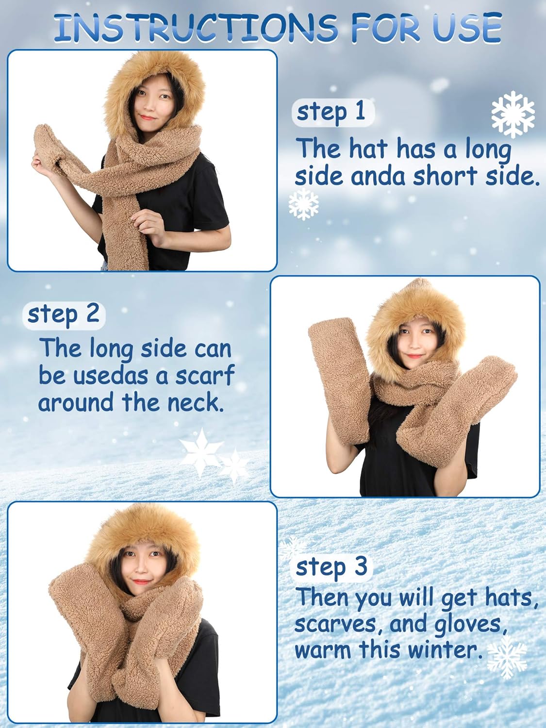 Syhood 2 Pieces Hooded Scarf Hat Gloves Set 3-in-1 for Women Soft Plush Thick Warm Hood Scarf with Pocket - Image 3