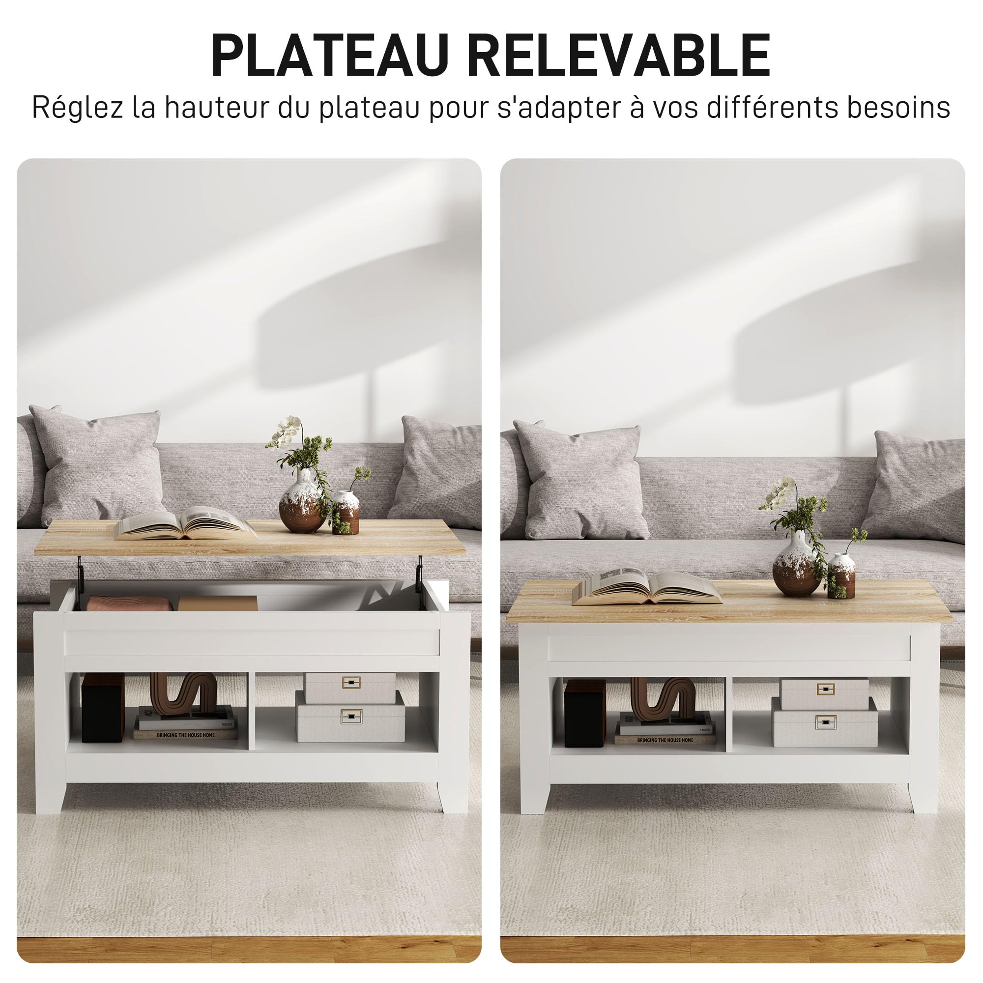 HOMCOM Table Basse Plateau Relevable 105x50x49-62,5cm Blanc