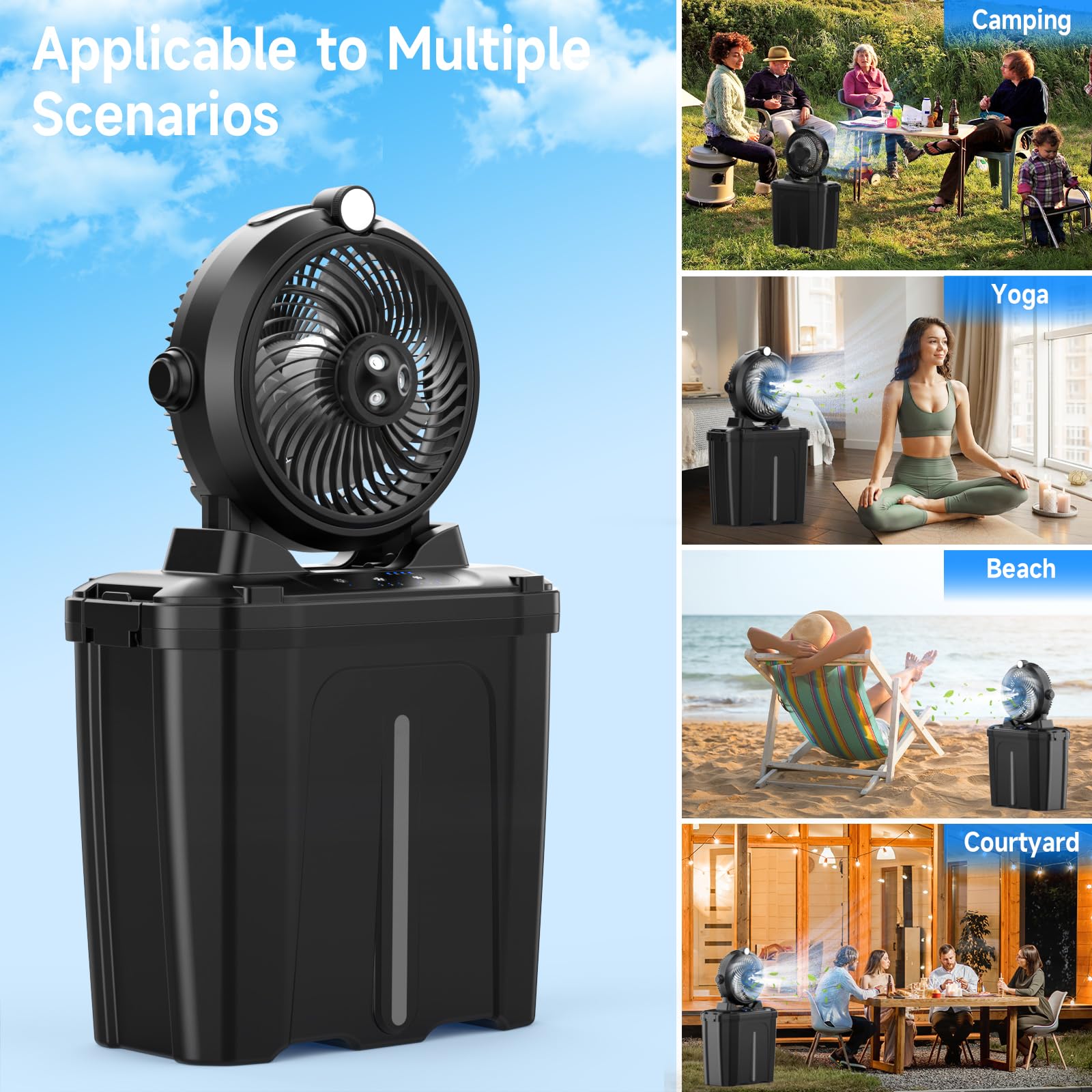 Ventilatore da Campeggio con Secchio da 11 Litri e Luce a LED, 20000mAh Batteria Ricaricabile Ventilatore Nebulizzatore, 3 Velocità, 3 Modalità di Nebulizzazione, Campeggio/Pesca/Viaggi