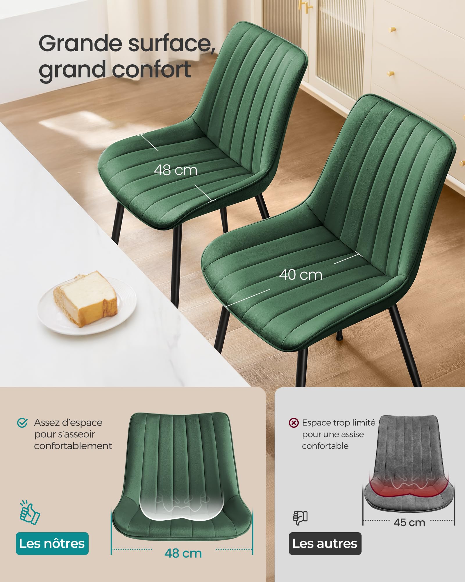 SONGMICS Lot de 6 Chaise Salle à Manger, Chaise Cuisine, Supportant Jusqu’à 120 kg, Pied en Acier, Dossier Ergonomique, pour Salle à Manger, Cuisine, Vert et Noir d'encre LDC090C16