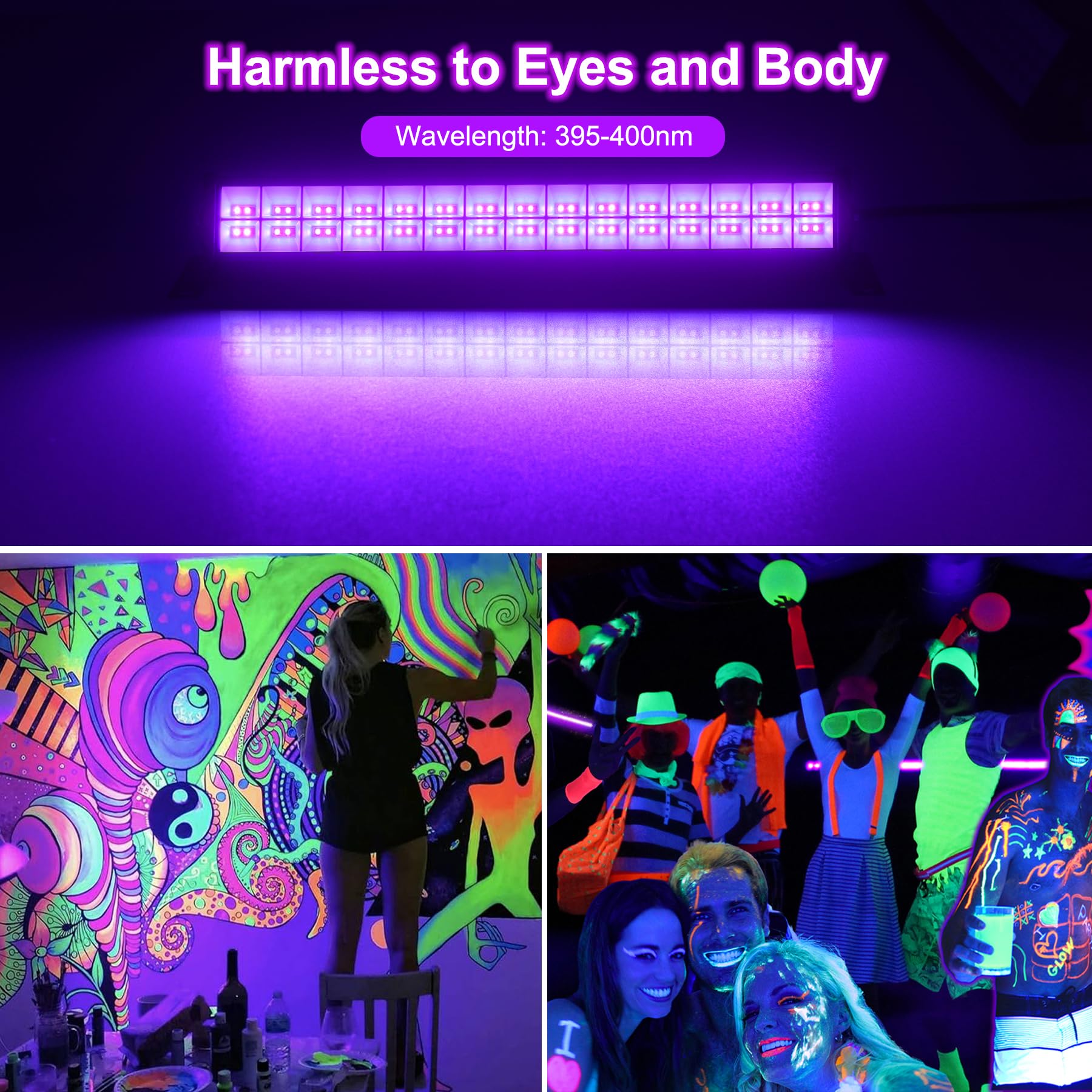 NATPOW Luce Nera UV 36W, 400-405nm Lampada LED Nera con Interruttore e 1,5 Metri di Cavo di Alimentazione, IP65 Impermeabile Faretto UV LED per Halloween, Discoteca, Mostra d'arte, Bar, Feste, 2 Pezzi