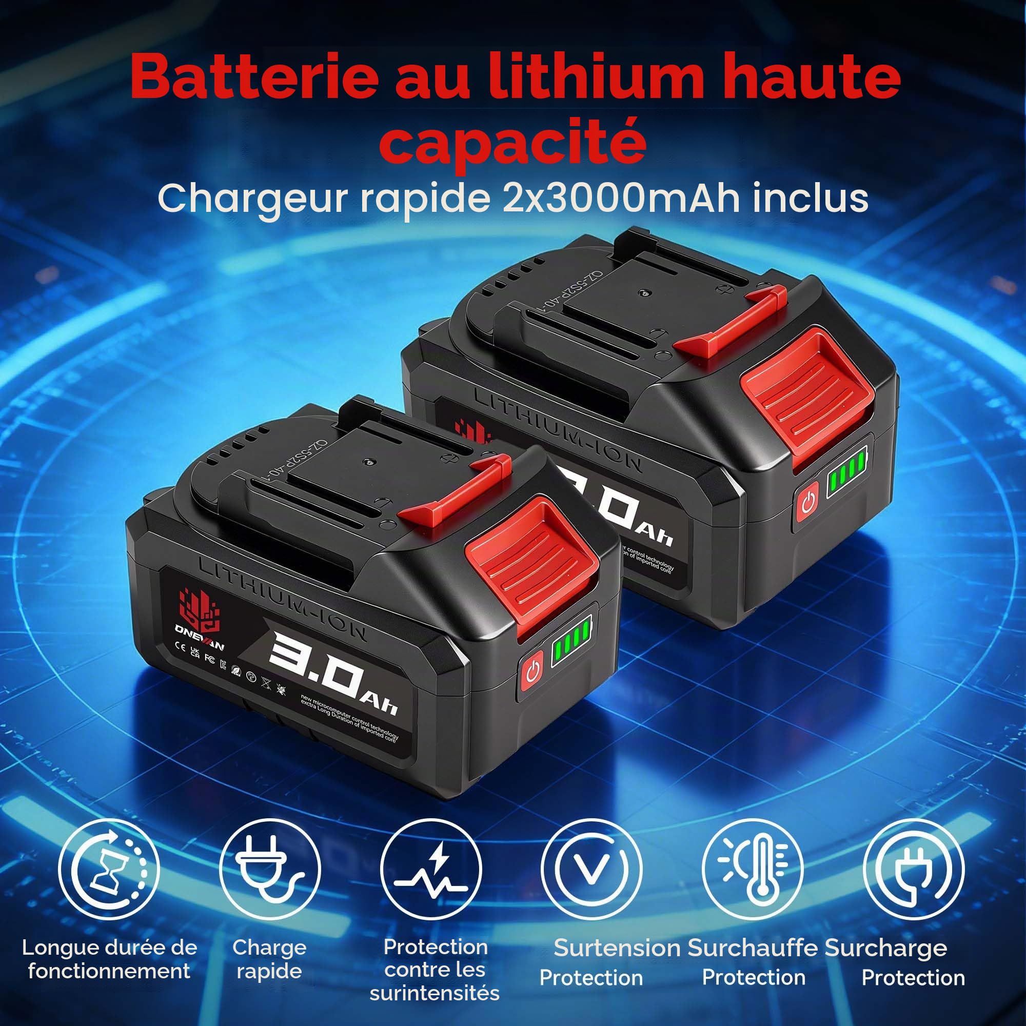 ONEVAN Tronçonneuse sans fil, 8 et 10 pouces, graissage automatique | Con 2x 3.0Ah batteries, diamètre de coupe 20cm, brushless vitesse de coupe de 10m/s, remplacement du guide-chaîne sans outil