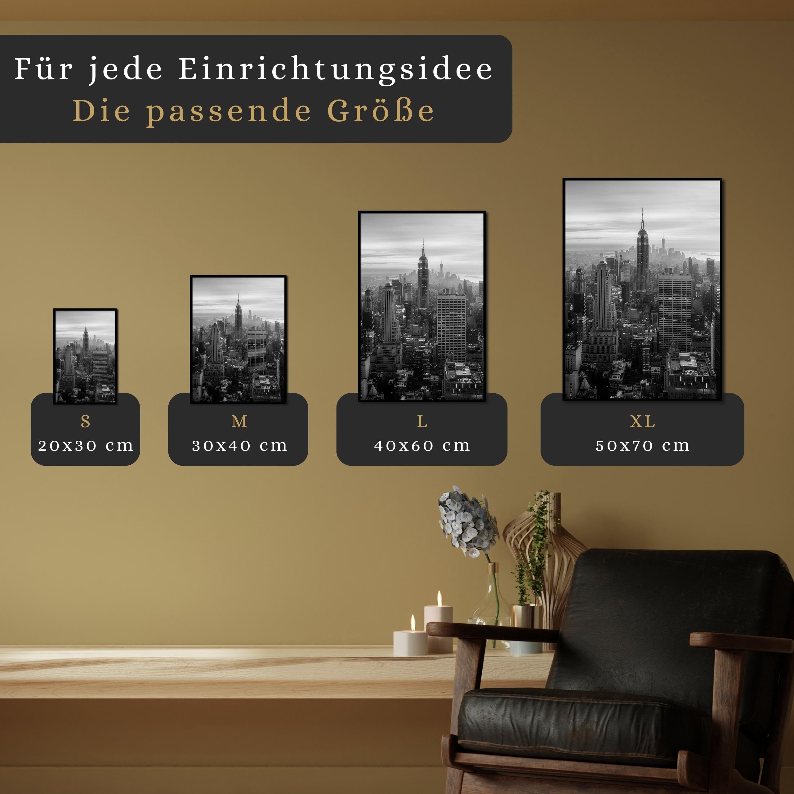daazoo Bild New York Empire State Building mit Rahmen 50 x 70 cm (AUFHÄNGFERTIG) - Blick auf die Skyline von New York - Gerahmtes Wandbild - Bilder Set - schwarzweiß schwarzweiss schwarz weiss weiß