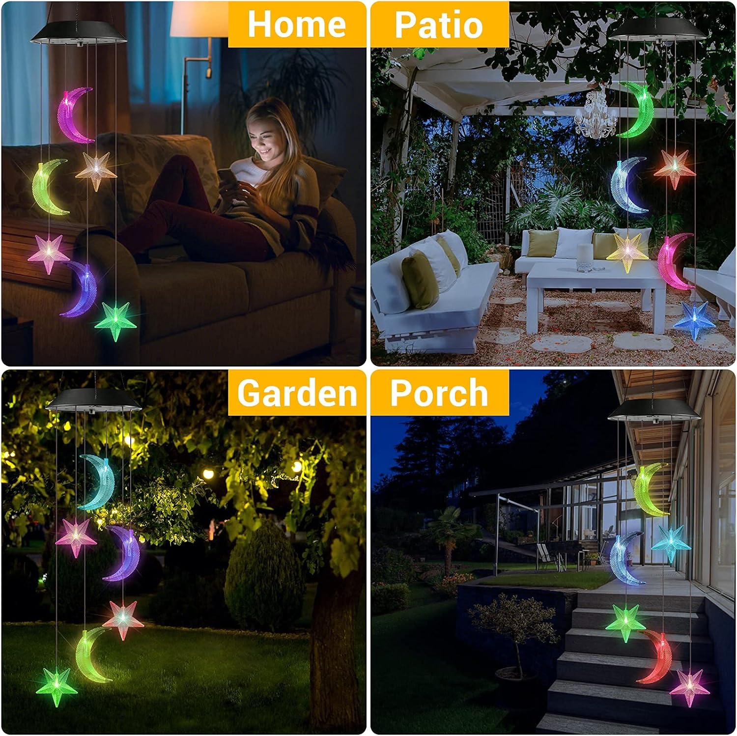 Toodour Solar Wind Chimes, Color Changing Wind Chimes Moon and Star, LED Decorative Mobile, Gift for Mom Grandma, Waterproof Outdoor Moon Star Light for Garden, Patio, Yard, Window Outdoor Decor - Image 3