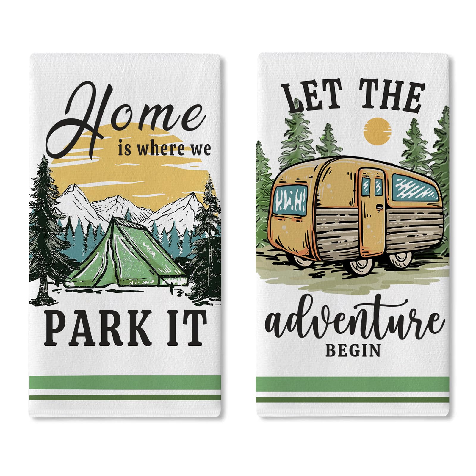 Croar Camping RV Kitchen Dish Towels Set of 2, Let The Adventure Begin Camper Tent Drying Hand Towel Baking Cooking Cloth, Farmhouse Forest Mountain