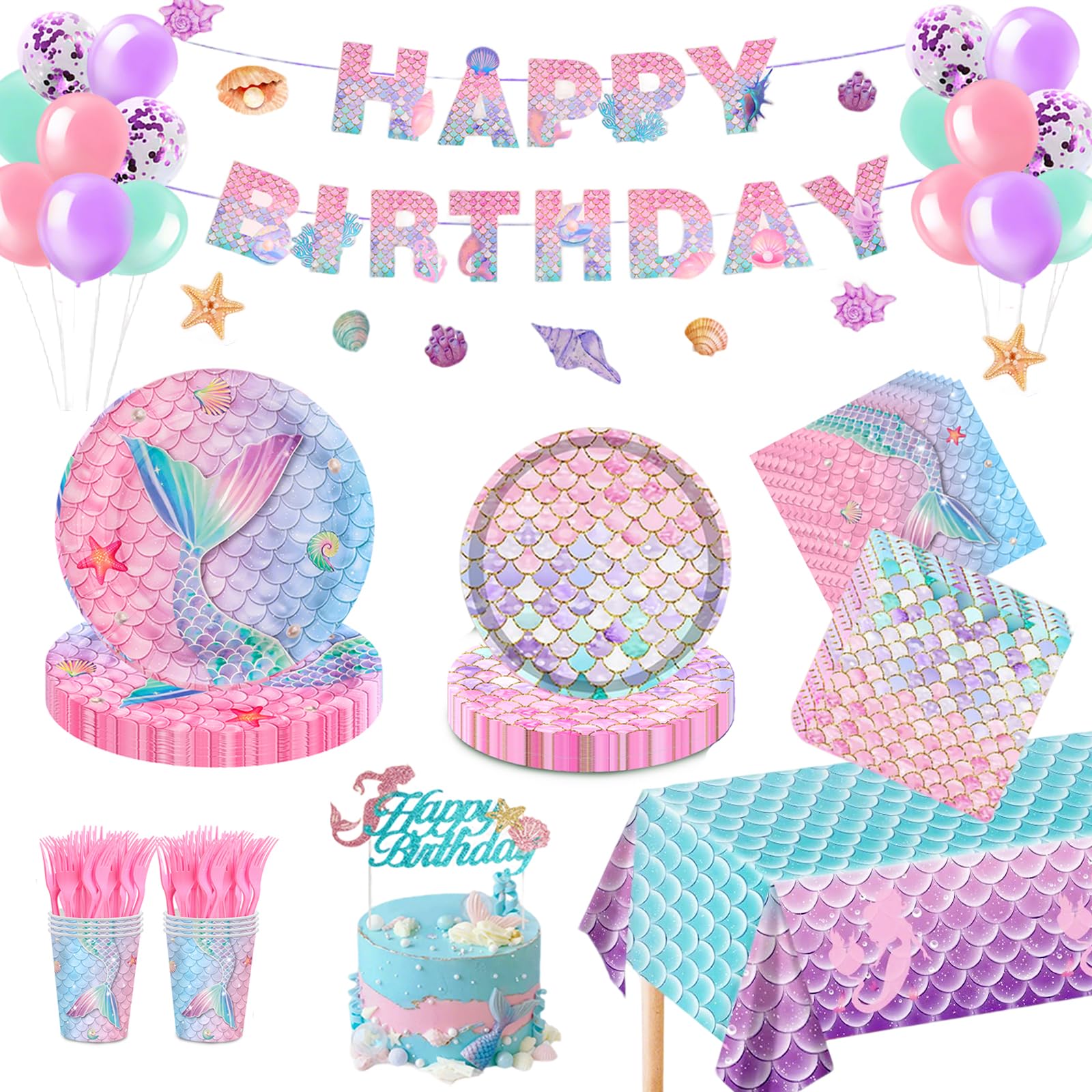 Mermaid Birthday Decorations, Little Mermaid Party Decorations with Cake Topper, Plates, Napkins, Cups, Tablecloth, Banner and Balloons, Mermaid