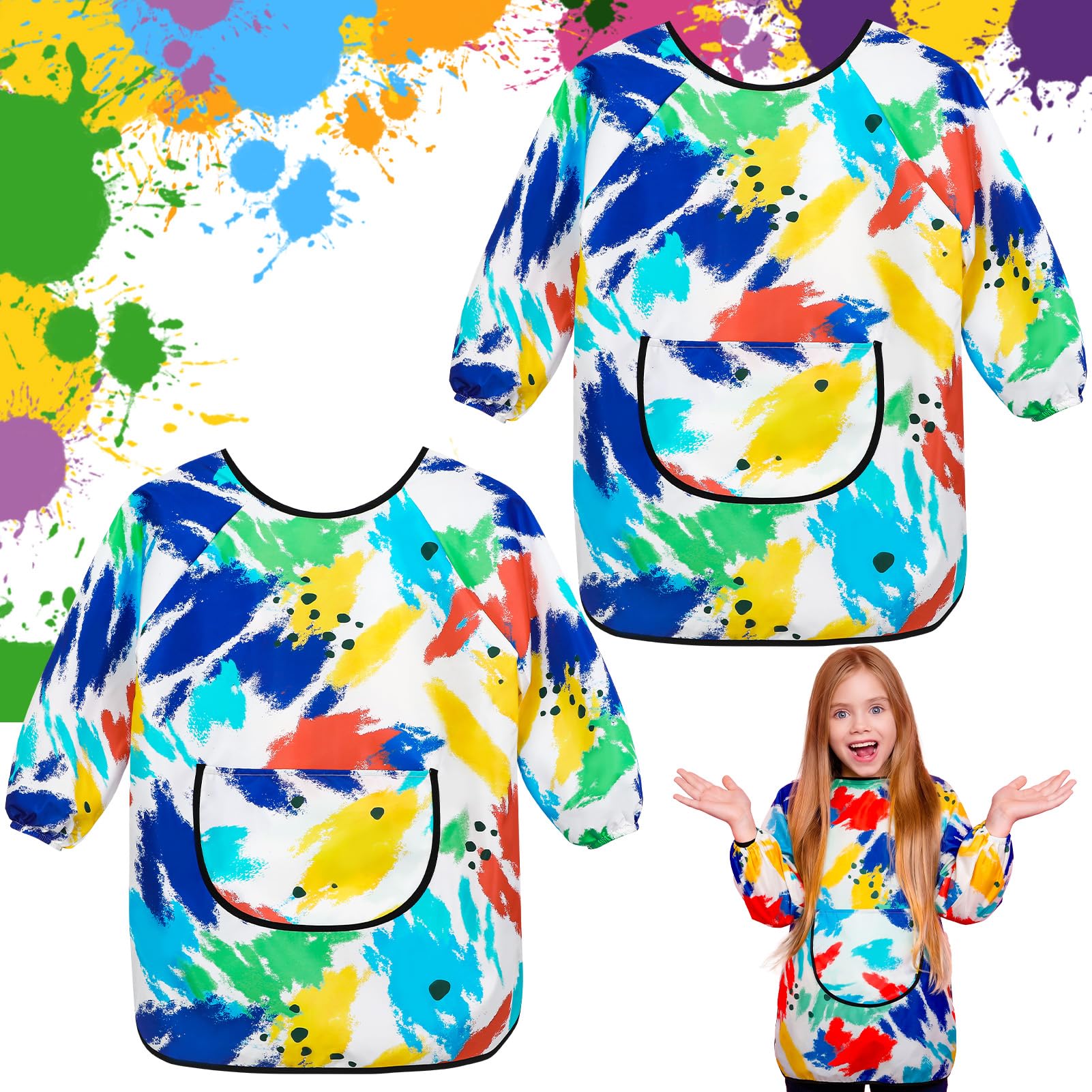 GSrenyu 2Pcs Kids Art Aprons for Age 7-12 Years Girls Boys,Waterproof Graffiti Painting Aprons Long Sleeves with Pockets,Kids Painting Smock Toddler Children,Play Apron for Painting,Craft,School,Spot — image 1