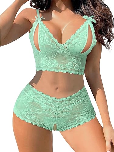 Lilosy Sexy Cupless Women Floral Lace Pajamas Lingerie Set High Waist Nightwear Sleepwear Bow Ties Bra and Panty 2 Piece - 1 Pc - Large - Cupless Mint Green