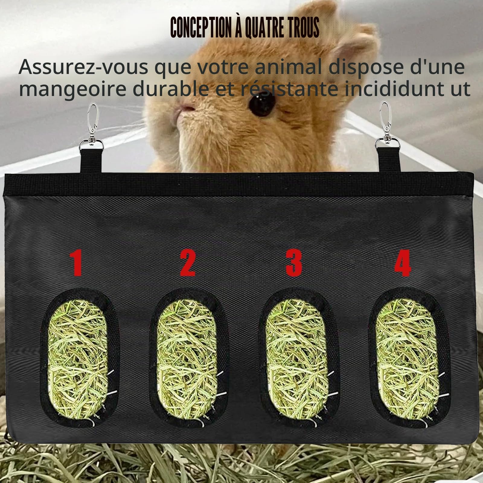 Sac à Foin pour Lapin, Distributeur Automatique Suspendu avec 4 Fenêtres, Noir
