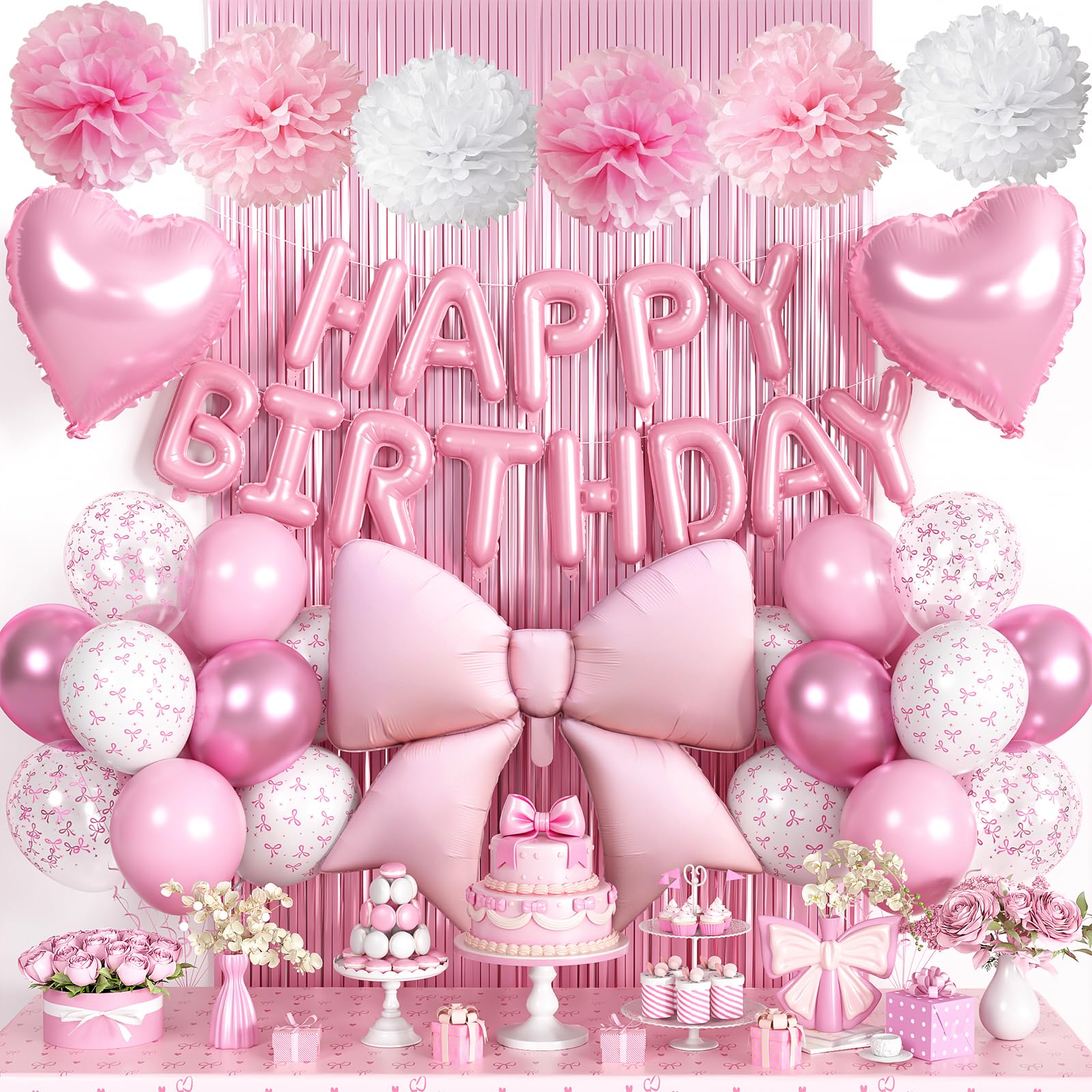 Pink Bow Birthday Decorations for Girls Women, Happy Birthday Balloons