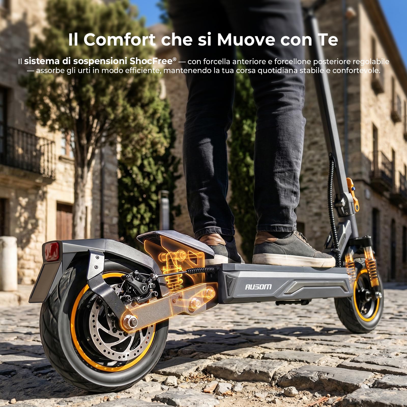 Monopattino Elettrico, Ausom K20/K20 Pro, 90KM /70KM Autonomia, Sospensione ShocFree, Pneumatici 10" Antiforatura, Freni a Disco+E-ABS