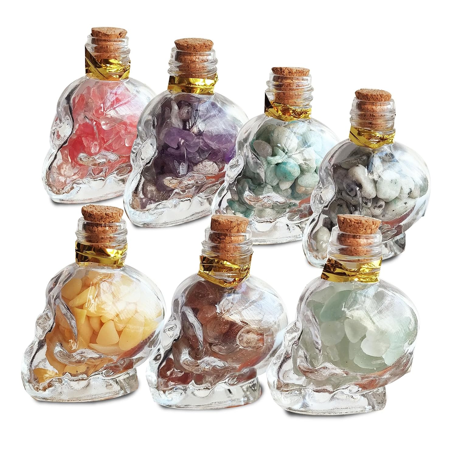 Crystals and Healing MINI Stones with Skull Spell Jars-Crystal Chakra Stones Cute Glass Bottle-Healing Crystals (7pcs)