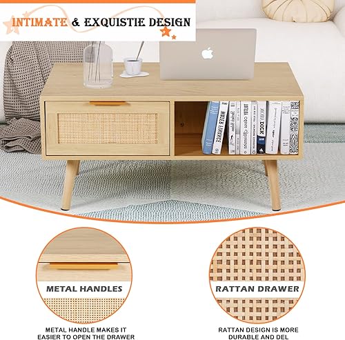 Miniatura 4 de LAZZO Mesa de centro de ratán moderna de mediados de siglo mesas rectangulares centrales con 2 cajones y estante de almacenamiento abierto mesa