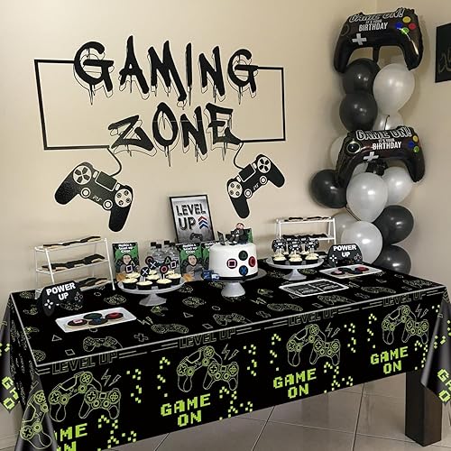 Miniatura 5 de 4 manteles de juego, fundas de mesa de fiesta de videojuegos, color verde, decoración de mesa rectangular para niños, suministros de fiesta de