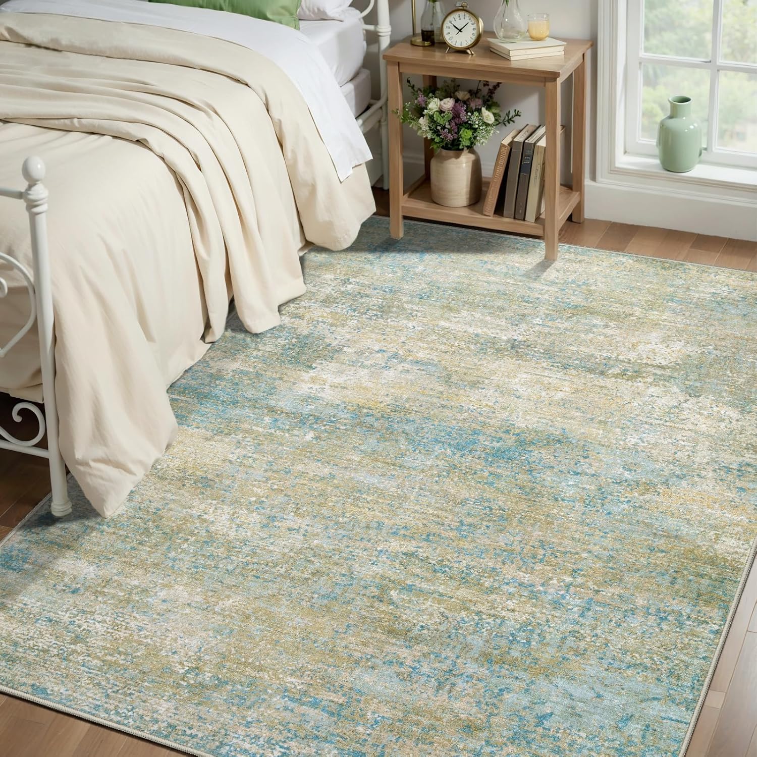 Tangsoo Abstract 3x5 Area Rug, Washable Non Slip Indoor Rugs, Modern Accent Rug Print Small Carpet, Contemporary Soft Low Pile Rugs for Living Room Entryway Dorm Bedroom Bedside Blue/Green/Beige