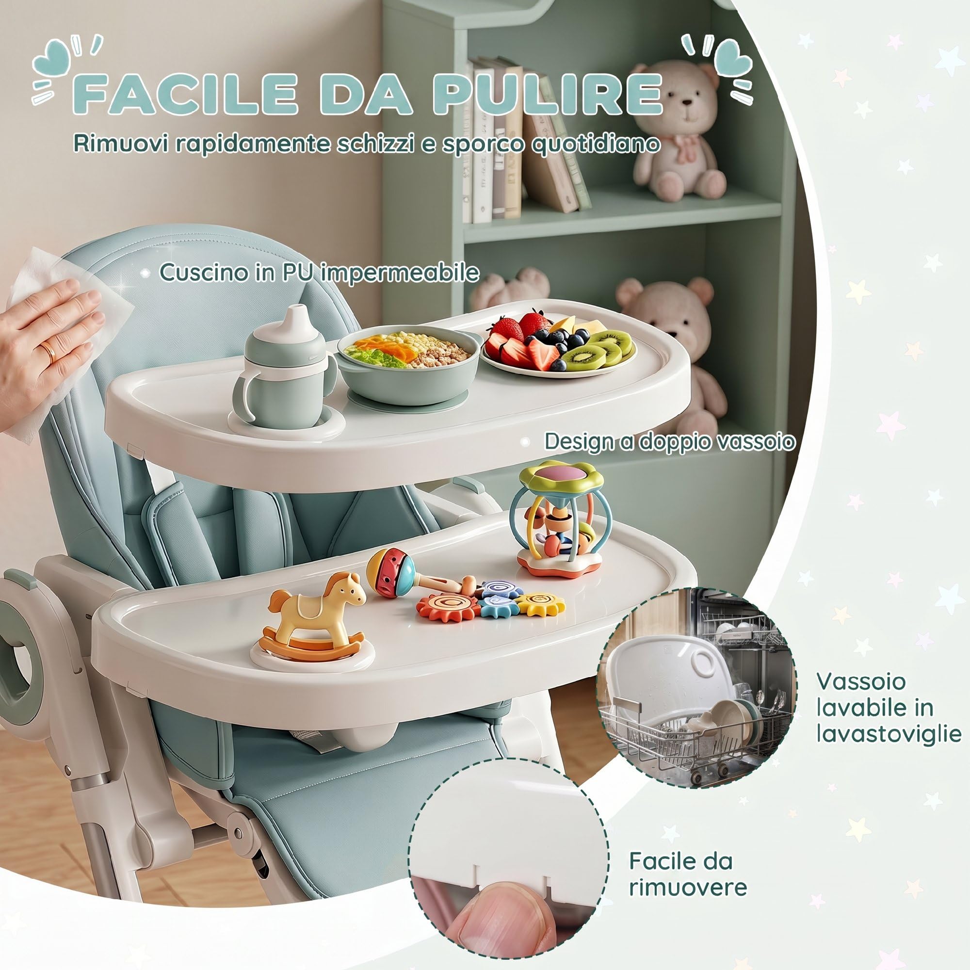 AIYAPLAY Seggiolone Pappa Evolutivo Bambini Pieghevole, 6-36Mesi/15kg Verde | Reclinabile, Altezza e Poggiapiedi Regolabile, Doppi Vassoio Lavabile e Regolabili, Ruote, Cintura 5 Punti