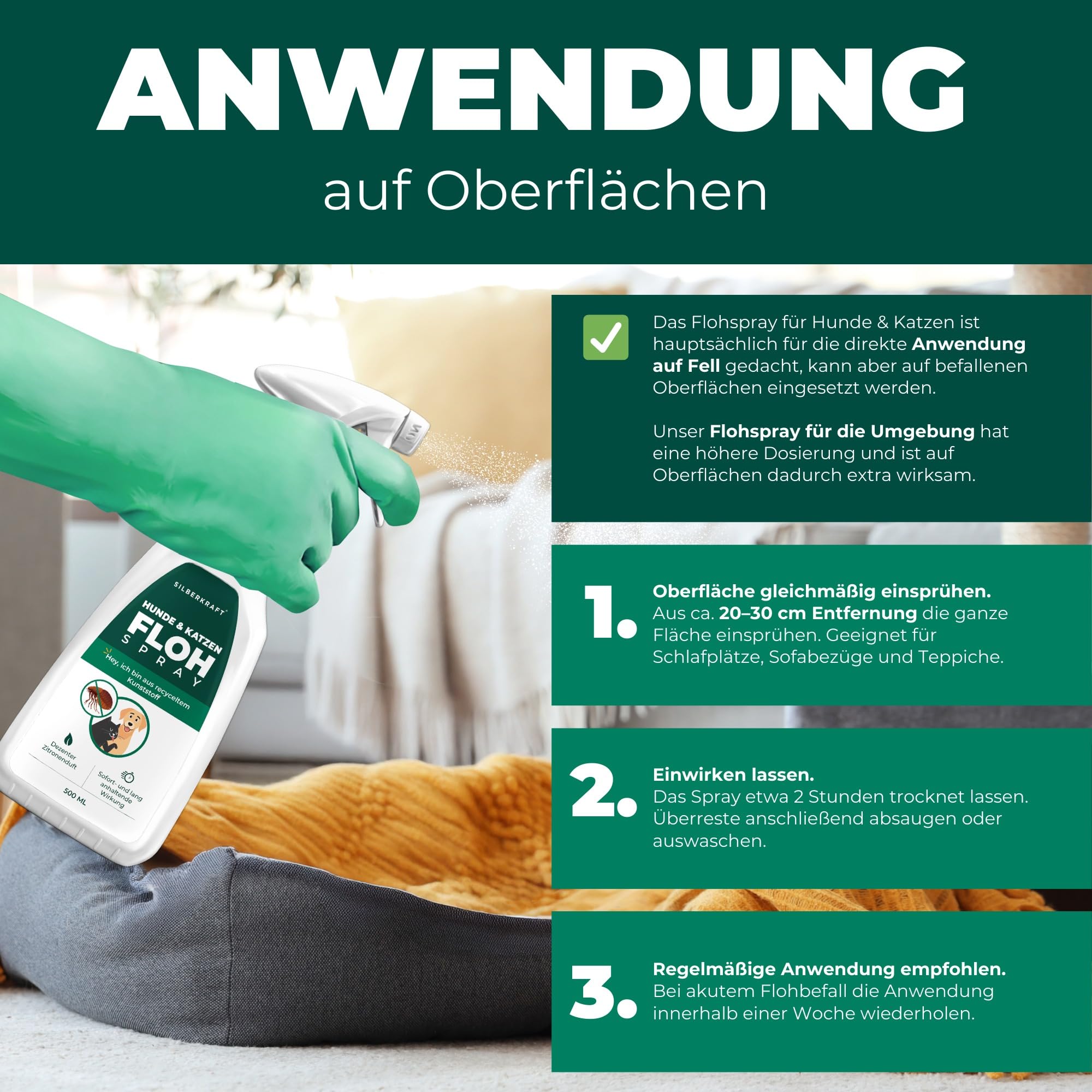 Silberkraft Flohmittel, Floh-Spray 500 ml - Flohspray für Hund, Katze und andere Haustiere - Umgebungsspray - ideales Anti-Floh-Mittel gegen Flöhe, Zecken, Parasiten, Ungeziefer