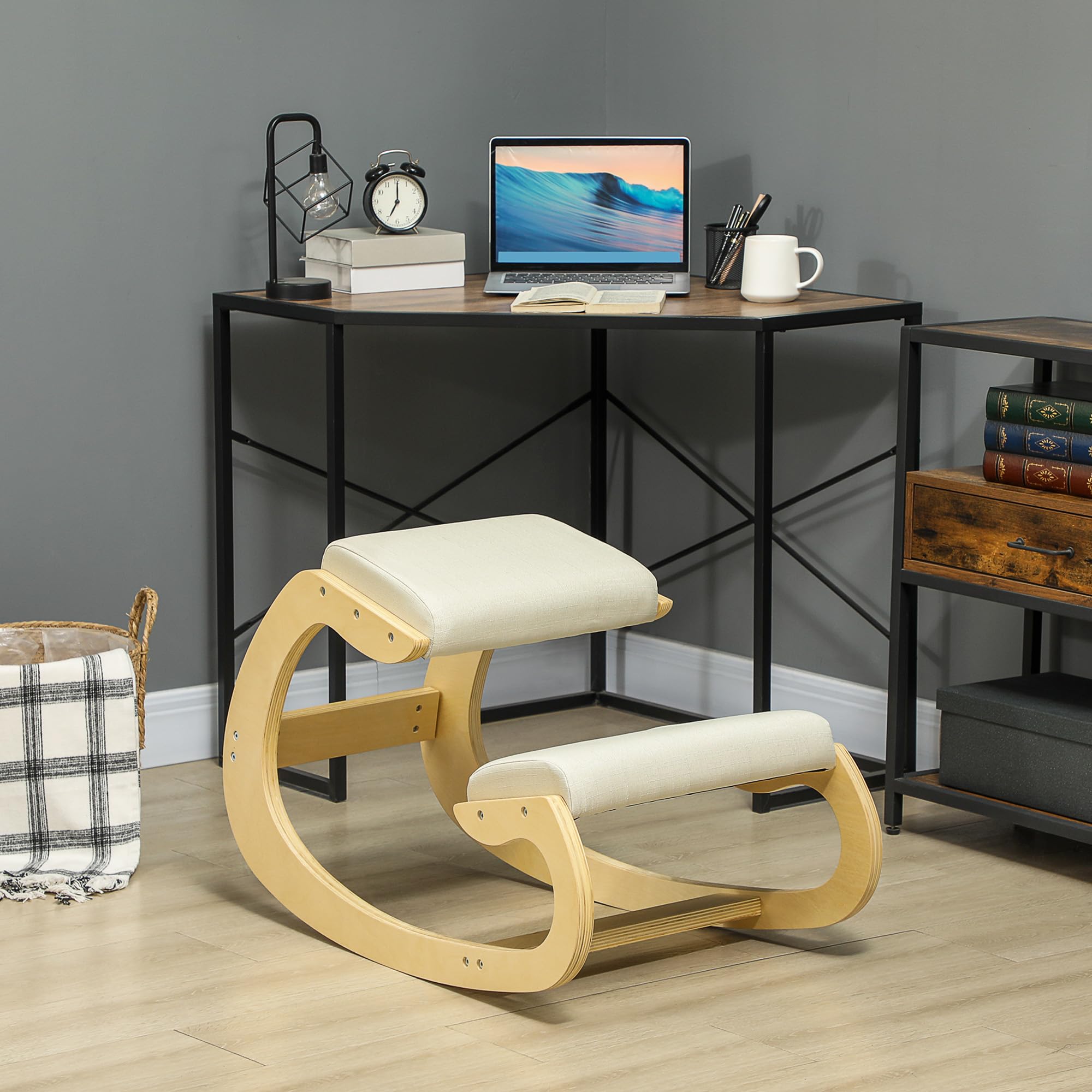 HOMCOM Kniestuhl Ergonomisch aus Holz, Gesundheitsstuhl zur Verbesserung der Körperhaltung, Bürostuhl für Homeoffice, Cremeweiß