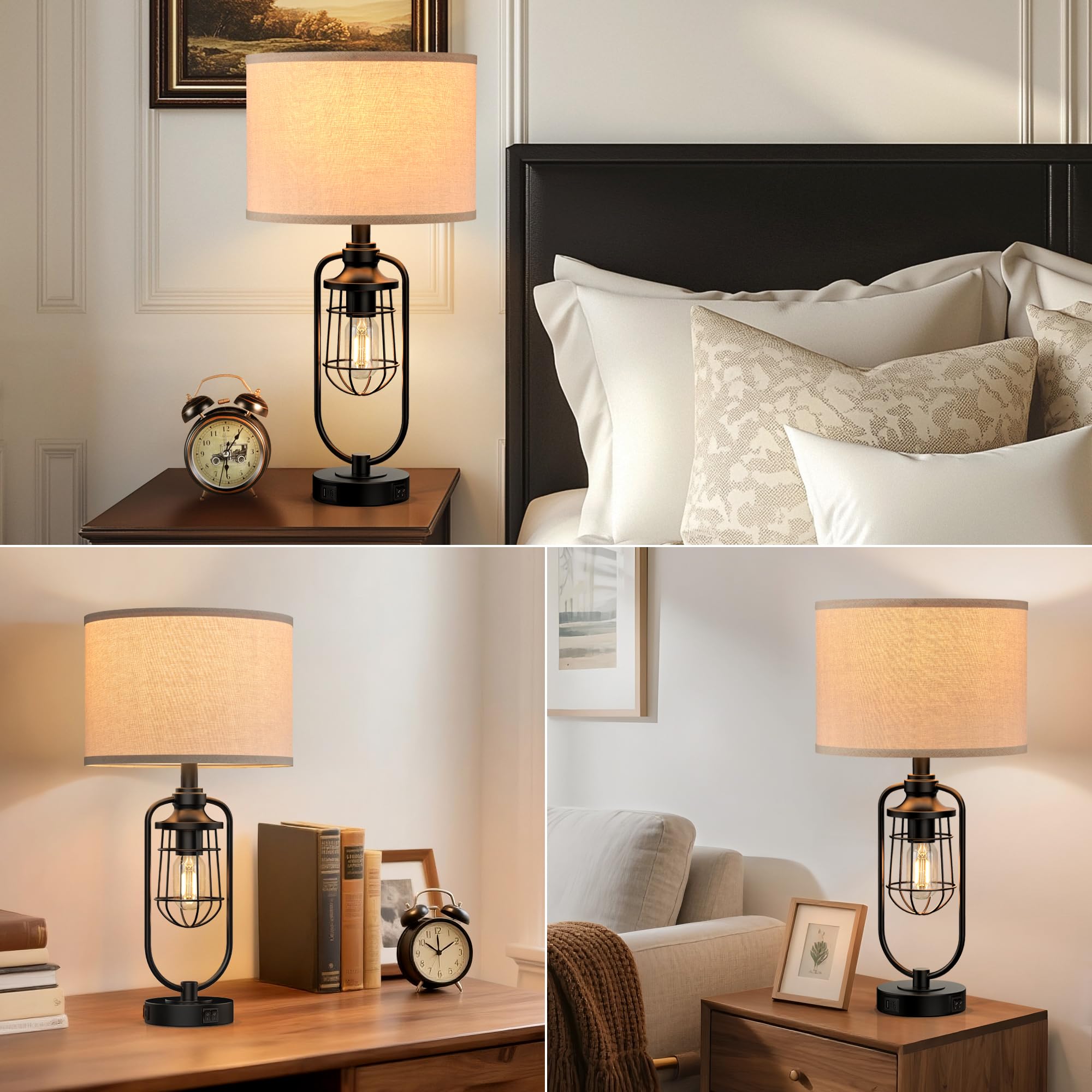 24 Zoll Farmhouse Tischlampen für Wohnzimmer 2er Set, Schwarz Rustikale Lampen für Nachttische mit USB-Anschlüssen, industrielle Nachttischlampe für Schlafzimmer Beistelltische, Glühbirnen