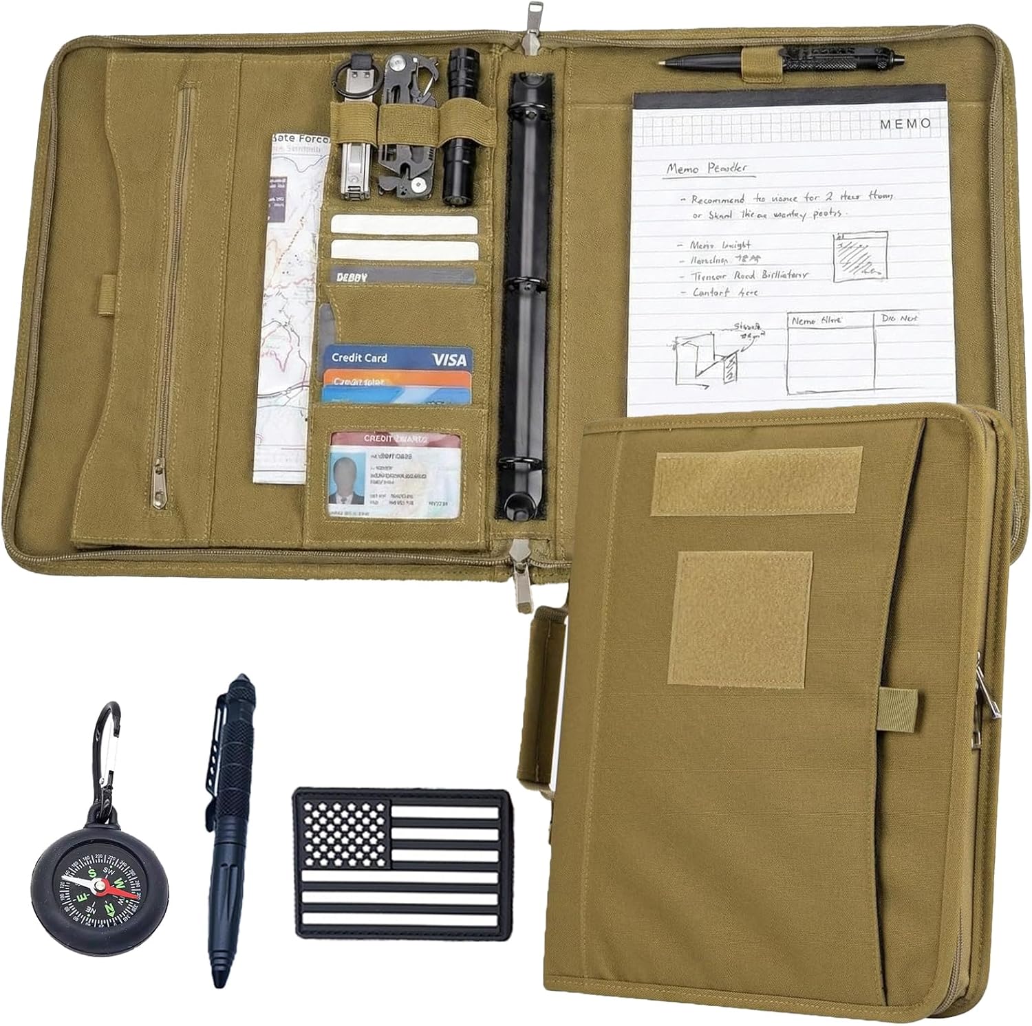 13.6X12Inch Padfolio Portfolio Detachable 3-Ring Binder Planner Tactical Notebook Multi-Storage Zipper Organizer Handle Bag with Tactical Pen，Compass，40 Sheets Paper for Out-Work Office & School