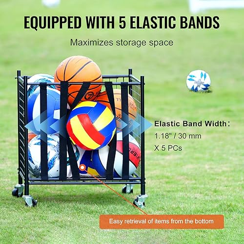 Miniatura 4 de VEVOR Carrito de almacenamiento de pelotas deportivas con ruedas, jaula de baloncesto con cierre con correas elásticas, organizador de soporte de