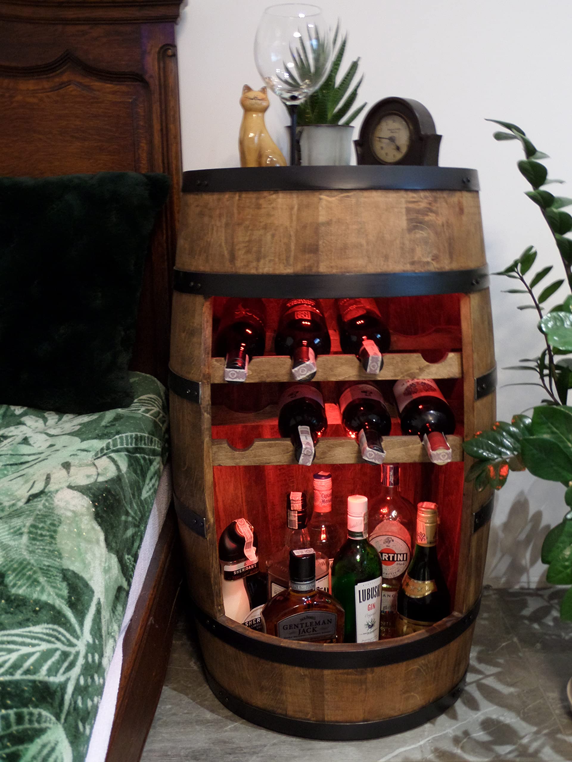 CREATIVE COOPER Weinregal Holz - Weinschrank Mini Bar - Weinschrank Mann und Frau - Barschrank mit LED-Leuchten - 80cm hoch - Retro deko Bar Regal - Hausbar Theke - Fassmöbel (Wenge)