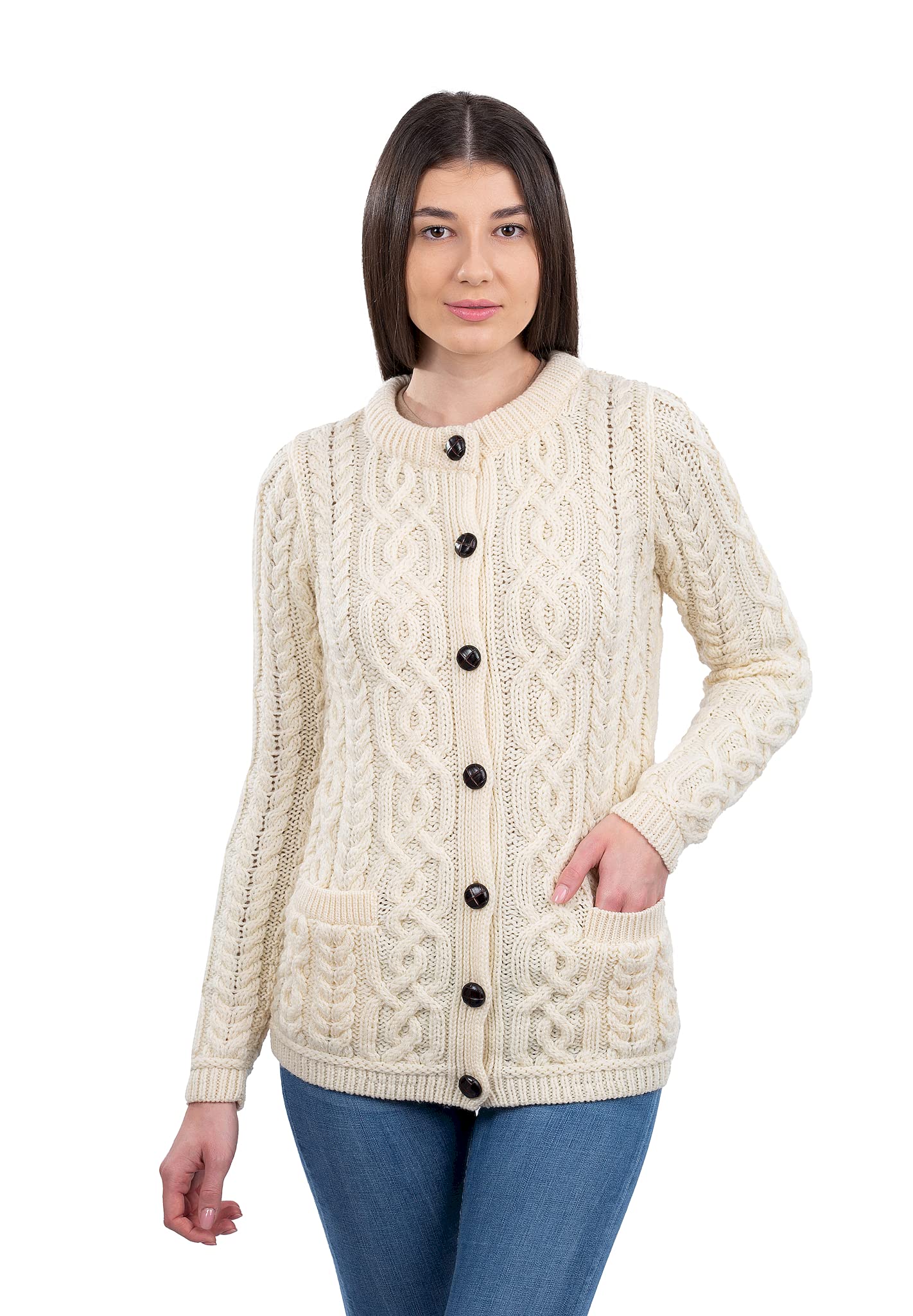 SAOL 100% Merino Wool Ladies Irish Buttons Knit Cardigan Lumber Jacket with Pockets