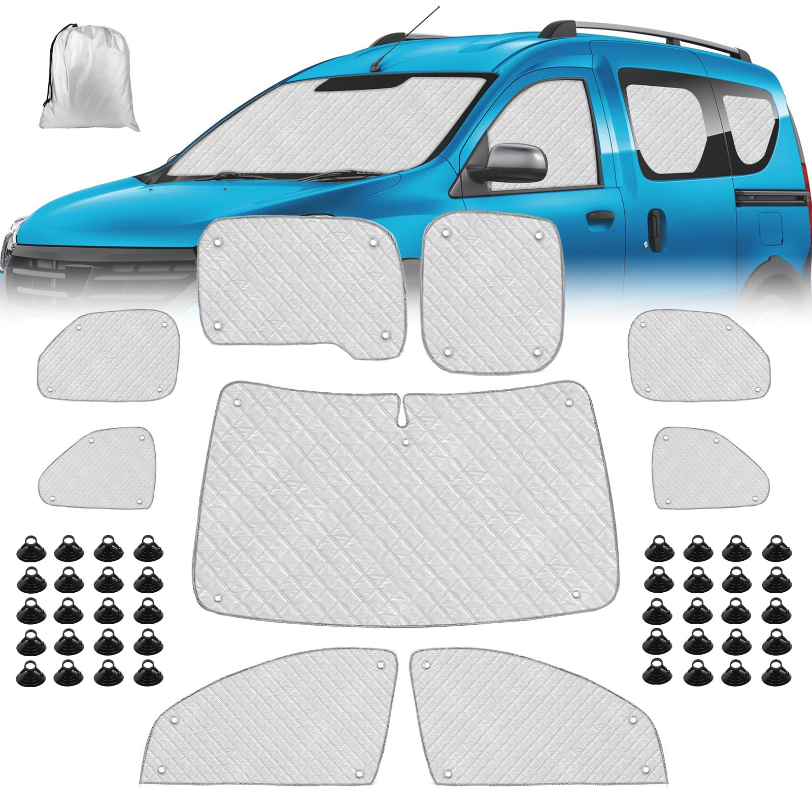 Sonnenschutz Auto Frontscheibe Ersatz für Dacia Dokker 2015-2025, 9 STK Faltbarer Sonnenschutz für Auto Innenabdeckung, Internes Thermomatte Set mit Aufbewahrungstasche, Ihr Fahrzeug Kühler Halten