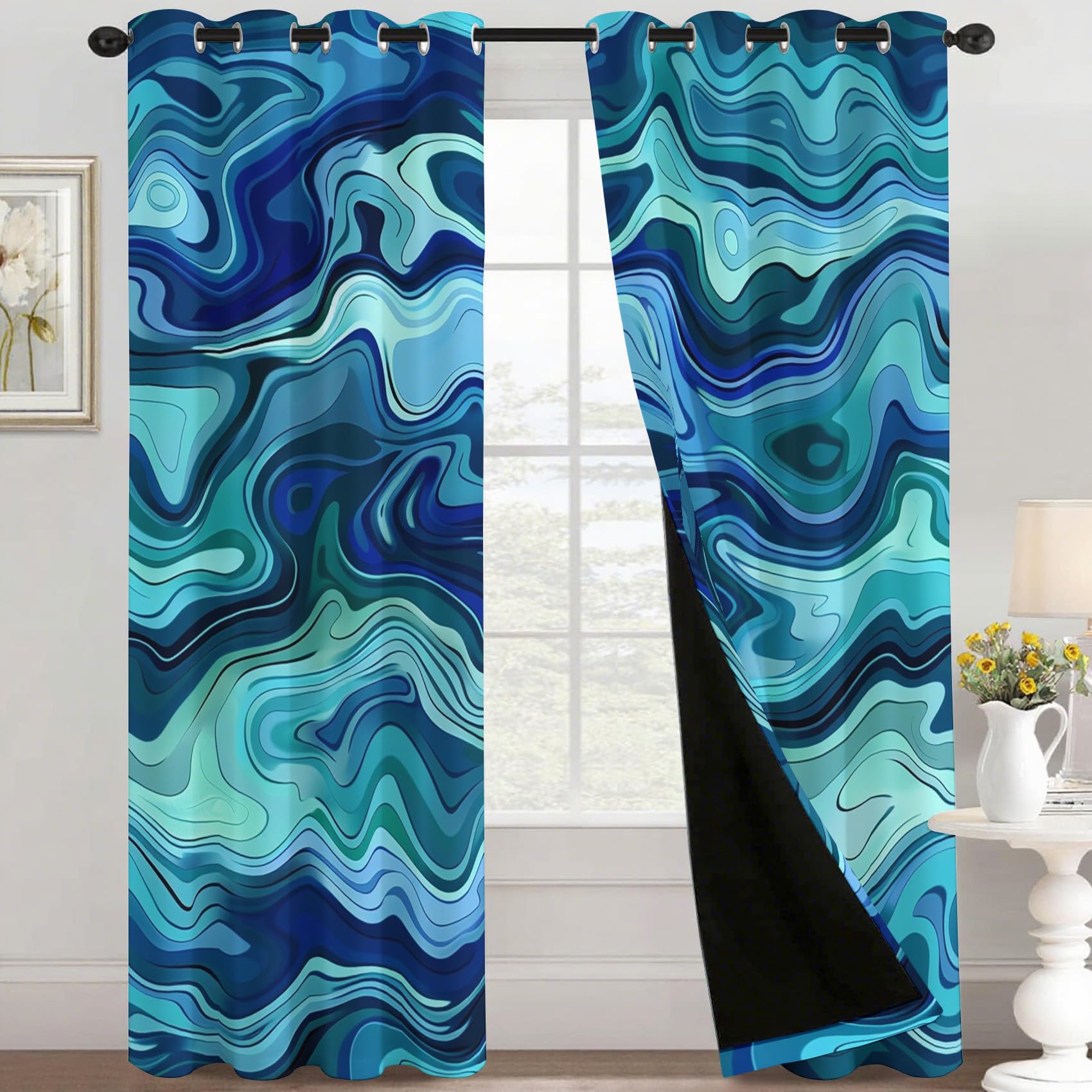 Abstract Blackout Curtains, Blue Green Swirl Curtains for Bedroom Living Room, 90x108 Inch Drapes, Eyelet Thermal Window Treatments, 2 Panels U137