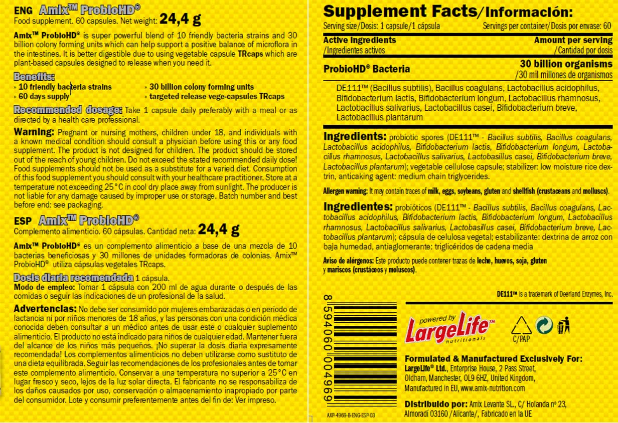 Amix - Probio HD 60 CAPS - Complemento alimenticio - Capsula vegetal - Favorece el equilibrio intestinal y la salud digestiva