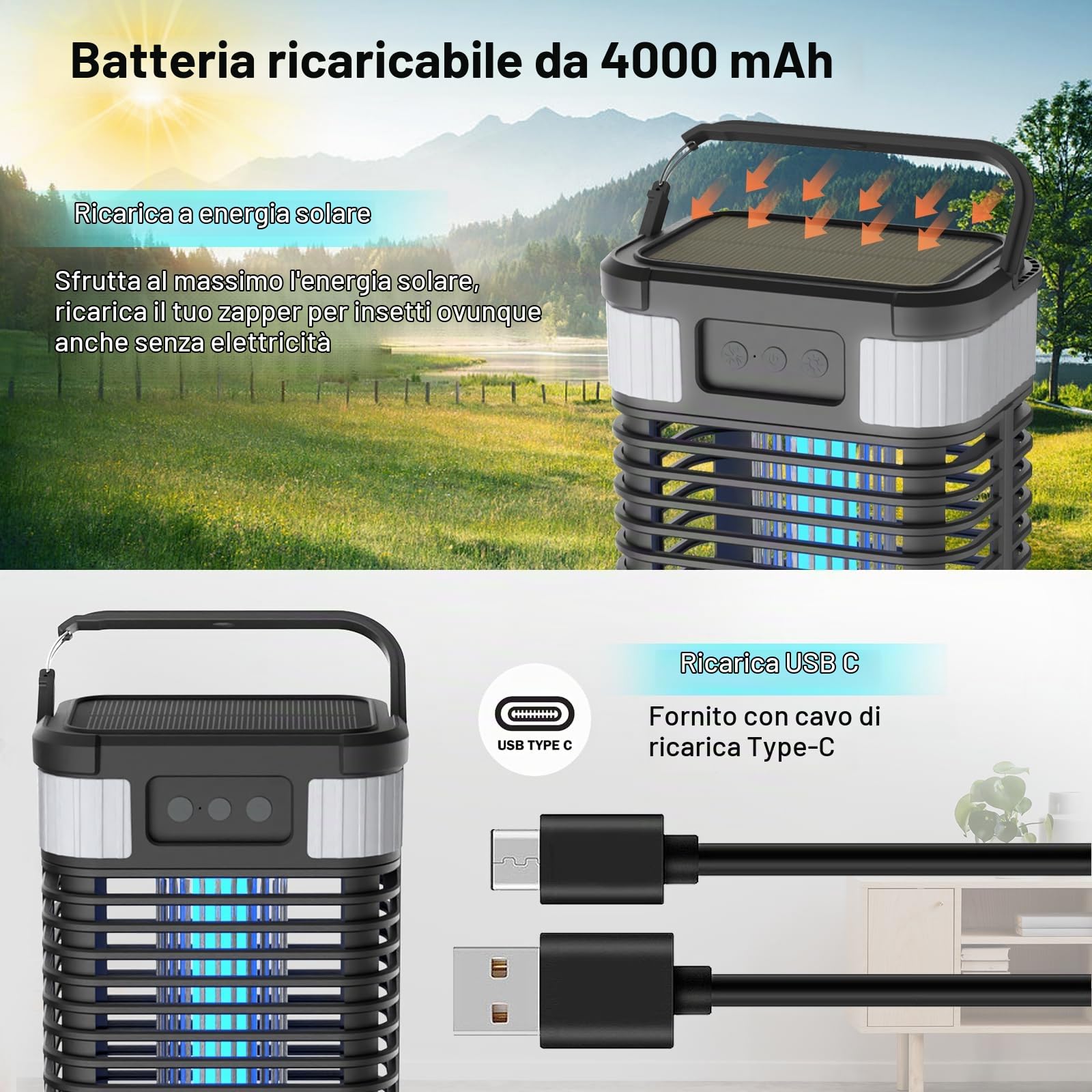 Insetticida a energia solare, lampada elettrica per zanzare, ricaricabile USB, impermeabile, 4200 V, luce UV, non tossica, per interni ed esterni