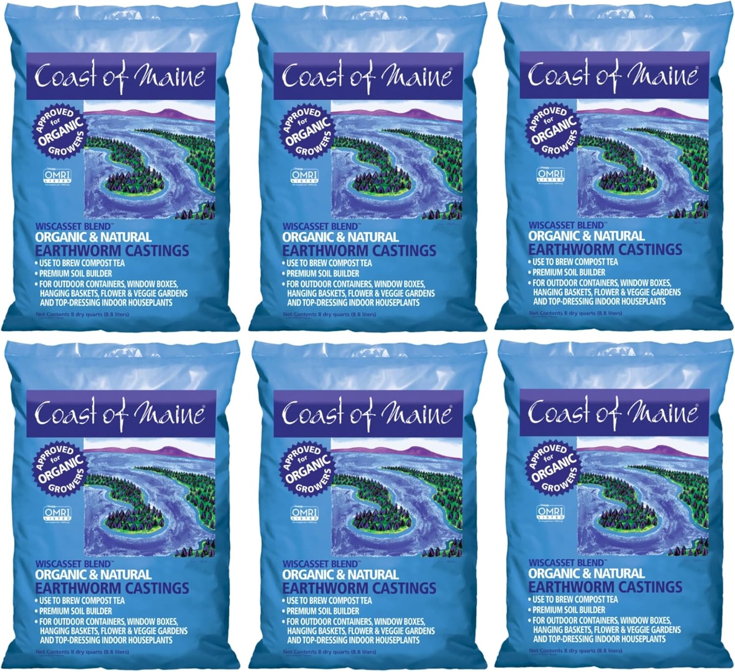 Coast of Maine Wiscasset Blend, 8qt (Pack of 6) Organic and Natural Earthworm Castings, Premium Soil Builder, to Brew Compost Tea