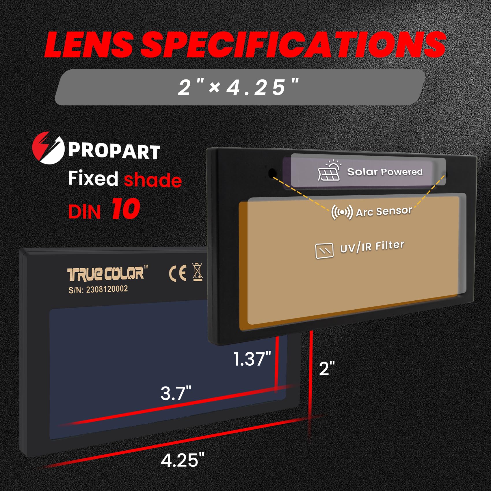 Propart Lente de soldadura gris de 2 x 4.25 pulgadas con sombra 10, lente de soldadura de oscurecimiento automático, tecnología azul de color verdadero, lente de soldadura automática HD para piezas de