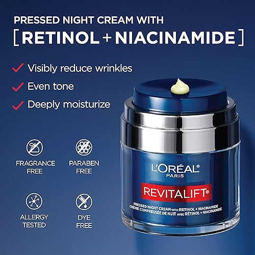 Miniatura 3 de L'Oreal Paris Revitalift Crema de noche prensada, retinol + niacinamida, reduce las arrugas, sin fragancia, 1.7 onzas + muestra de suero