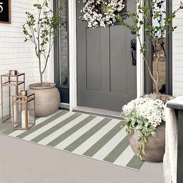 Sungea Boho Striped Fall Front Door Mat Outside Entrance 2x4.3,Green and White Washable Porch Rug Runner,Cotton Hand Woven Indoor Outdoor Rugs,Foldable Farmhouse Layered Door Mats for Entryway