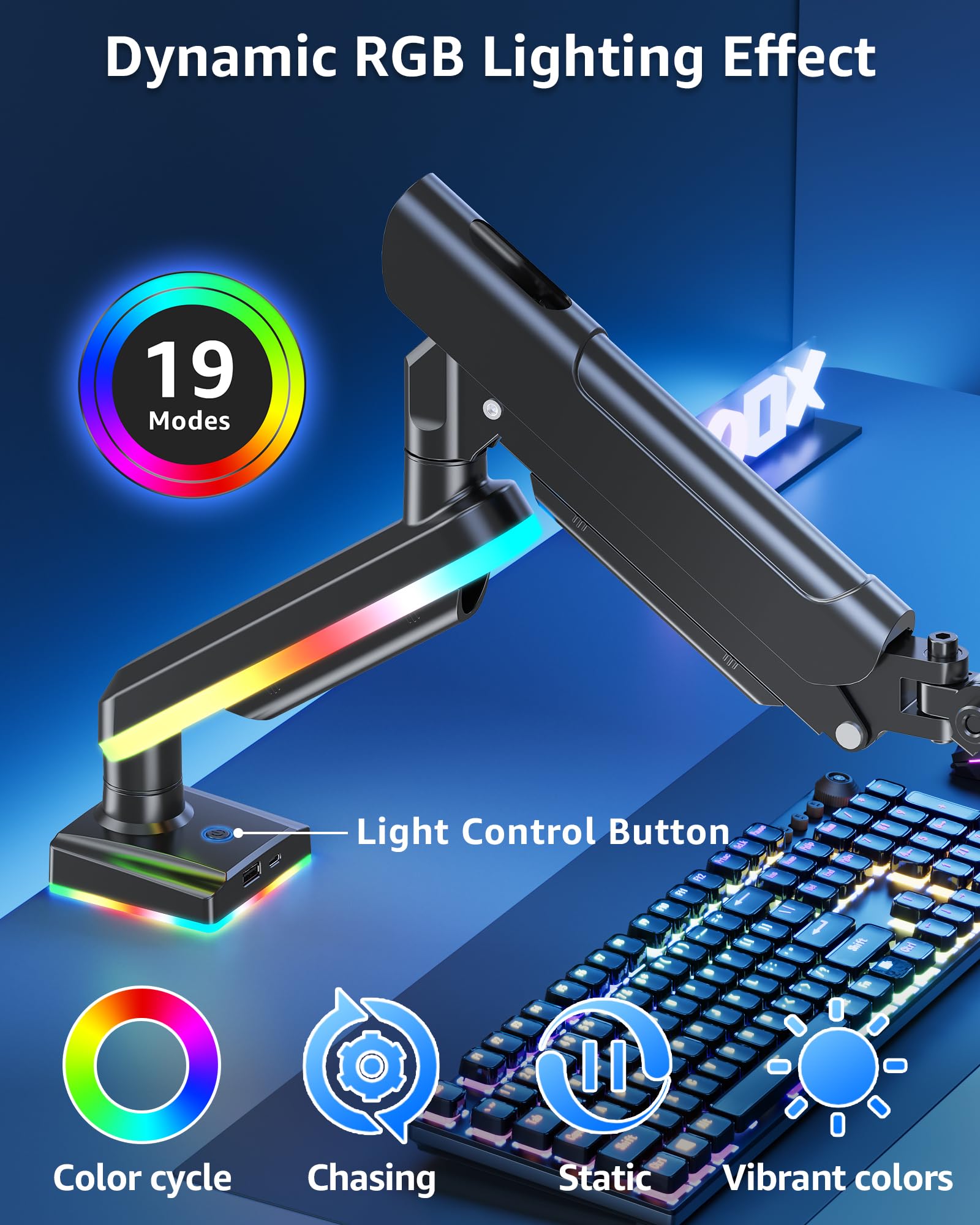 MOUNTUP Braccio singolo per monitor RGB adatto a 32 27 24 22 pollici, supporta schermi da 2 a 10 kg, supporto per monitor per scrivania con luci RGB, 19 modalità, supporto da scrivania per monitor per